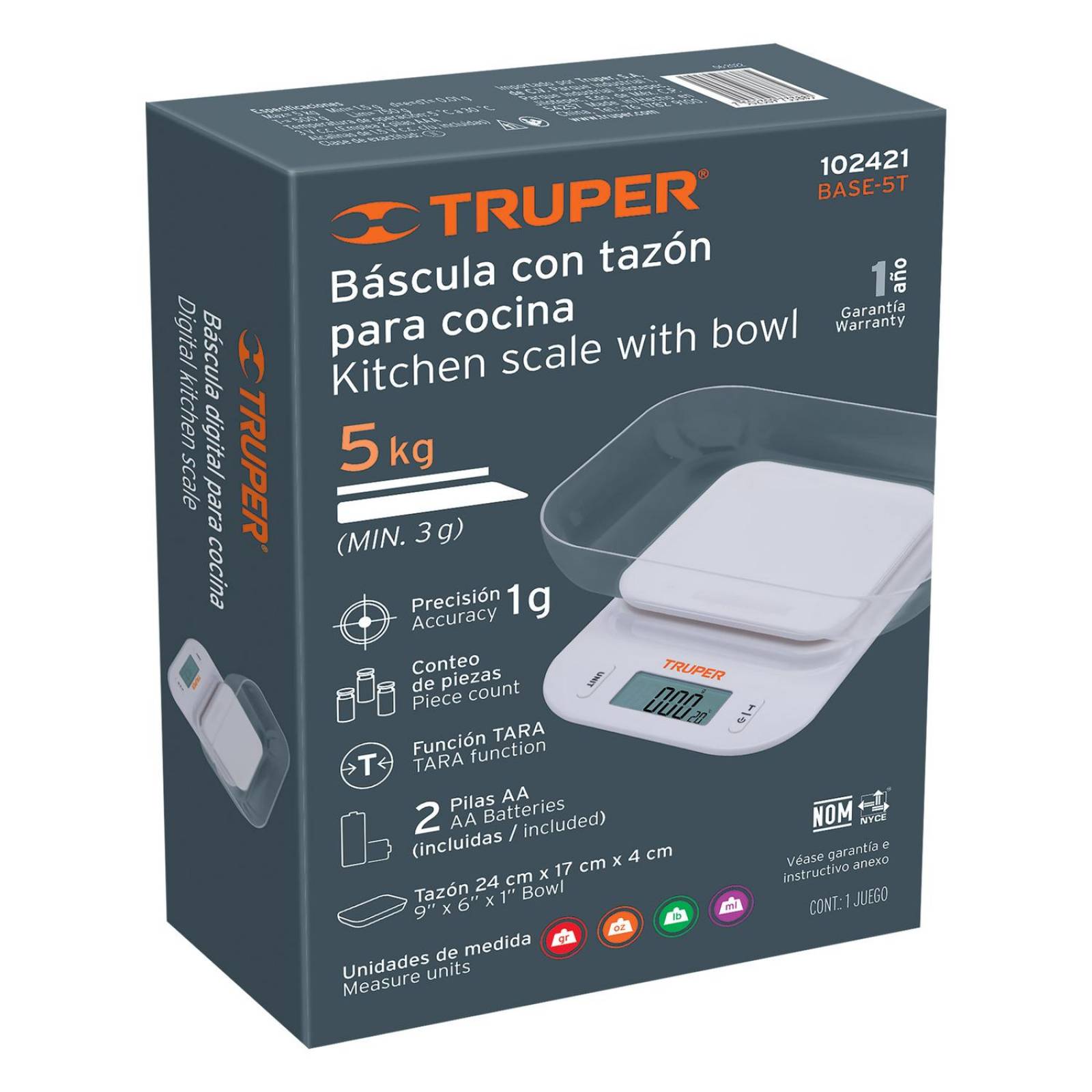 Báscula digital con tazón para cocina, 5kg, Truper