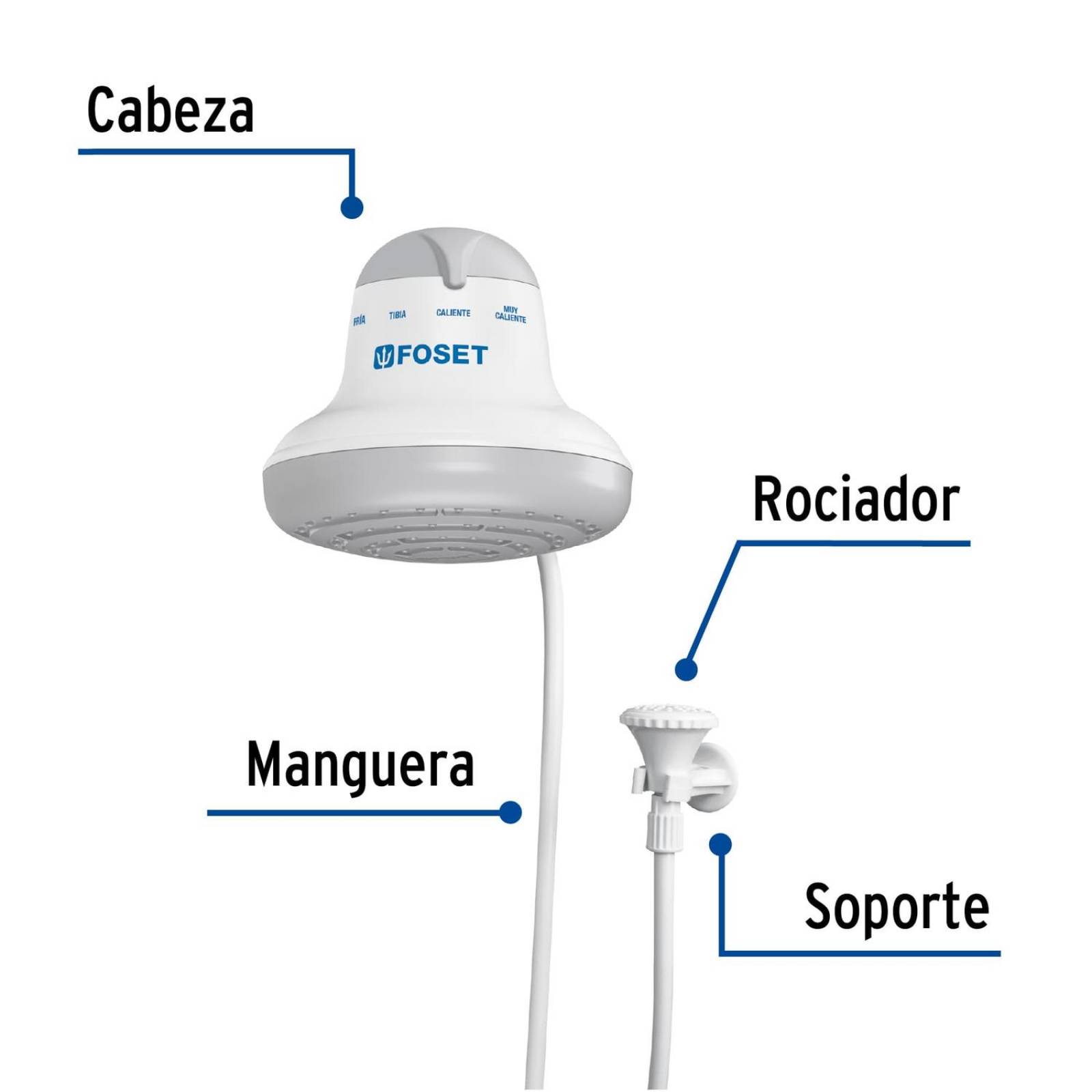 Regadera eléctrica, 4 temperaturas, 16.5cm, gris, Foset 