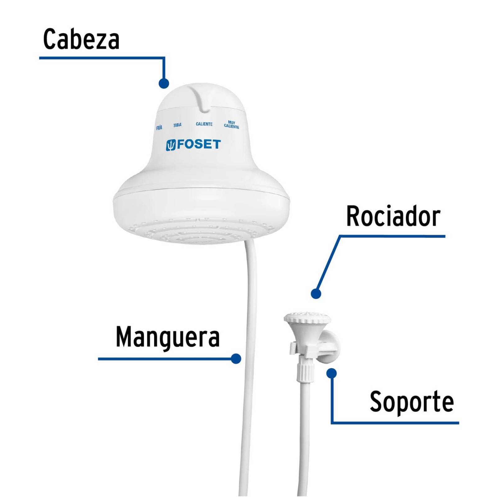 Regadera eléctrica, 4 temperaturas, 16.5cm, blanca, Foset 