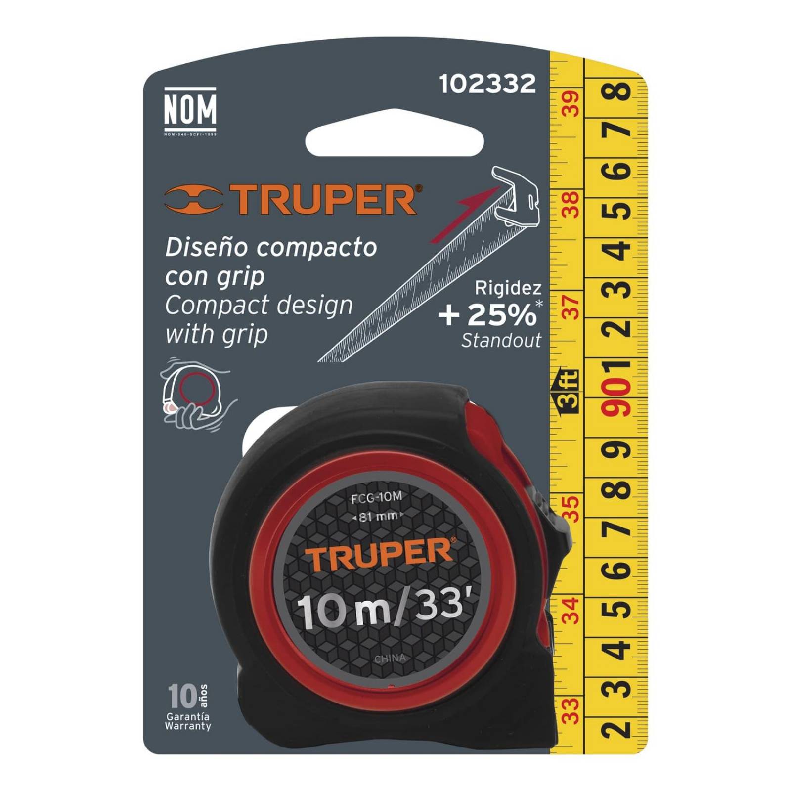 Flexómetro compacto 10 m con grip, cinta 25 mm, Truper 
