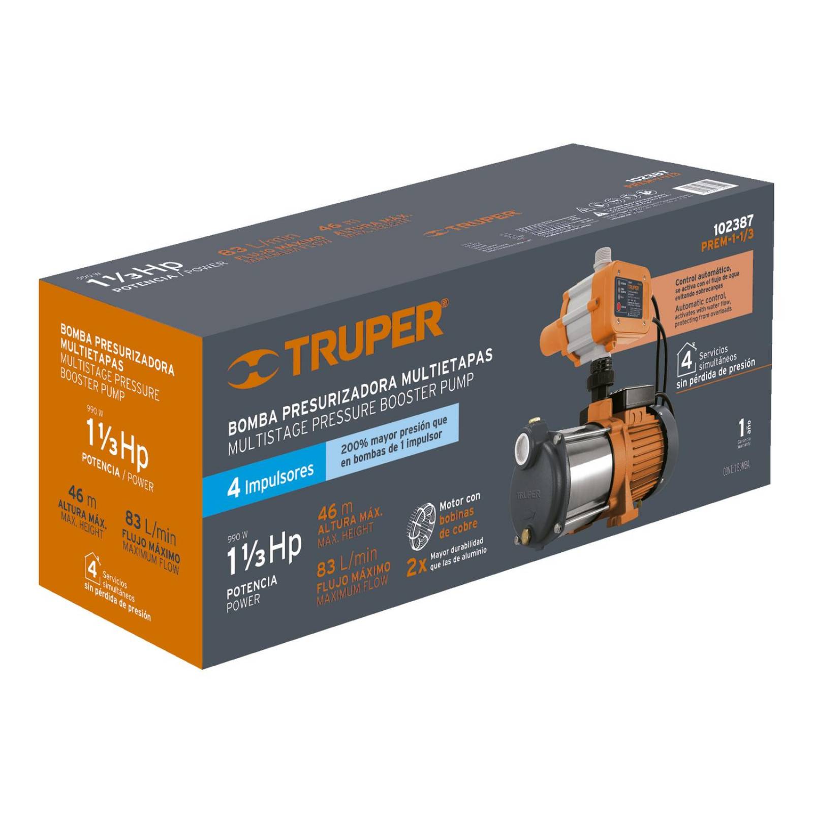 Bomba presurizadora multietapas 1 1/3 HP, Truper 