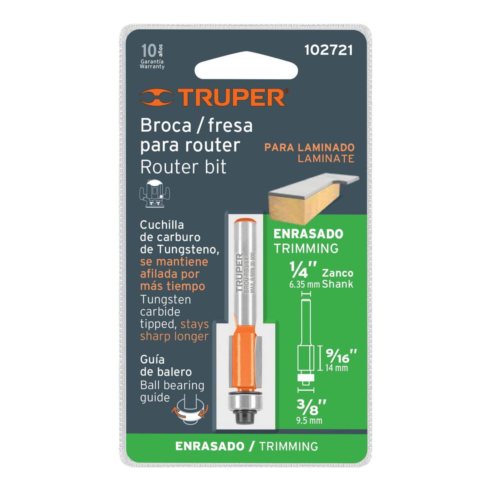 Broca router, recto, 3/8" con balero 