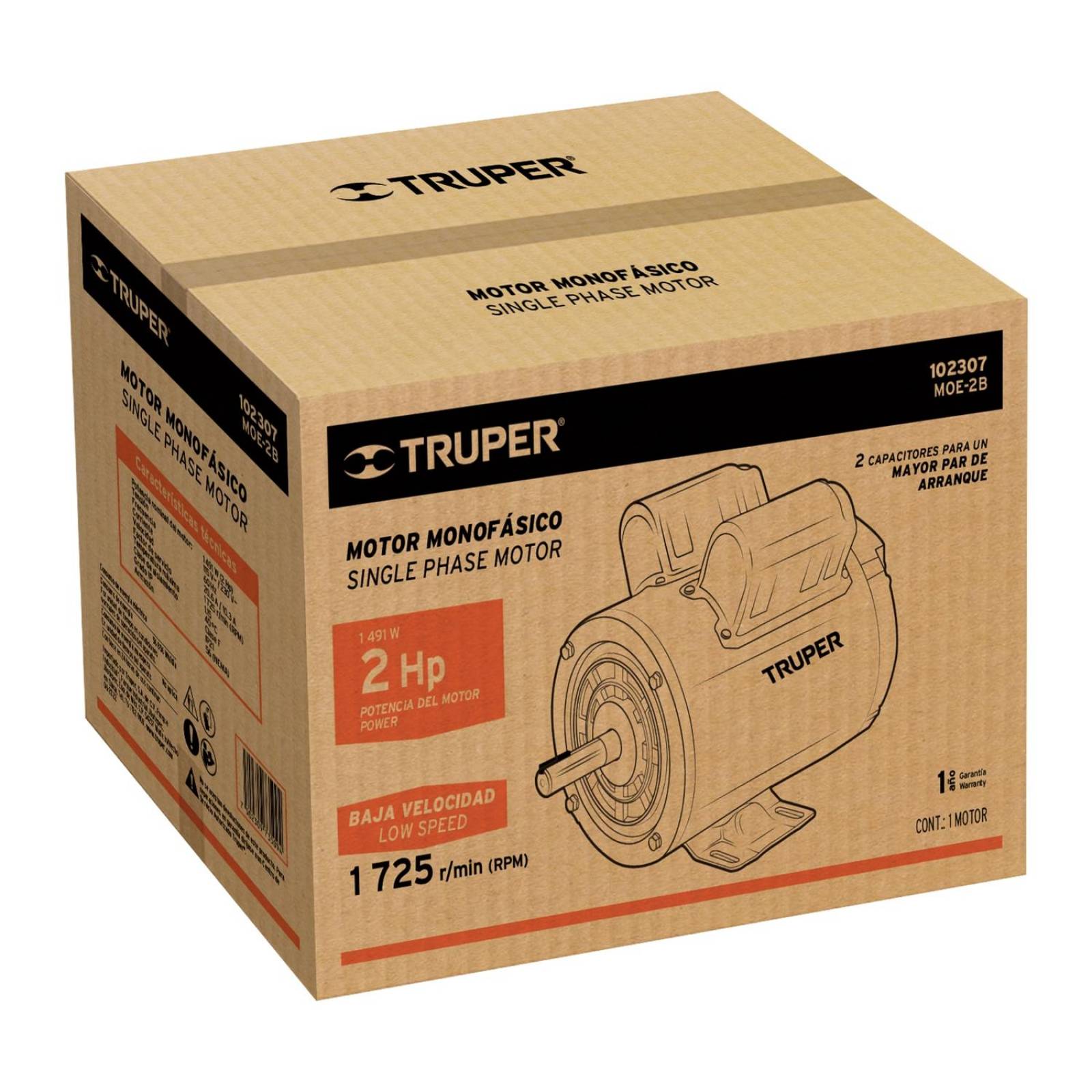 Motor eléctrico monofásico de 2 HP, baja velocidad, Truper 