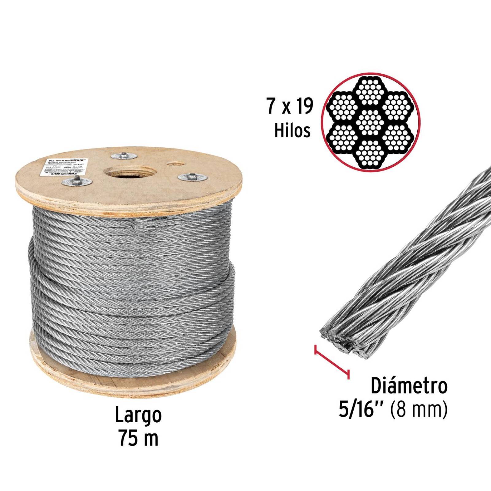Metro de cable flexible 5/16" de acero 7x19 hilos, 75 m 