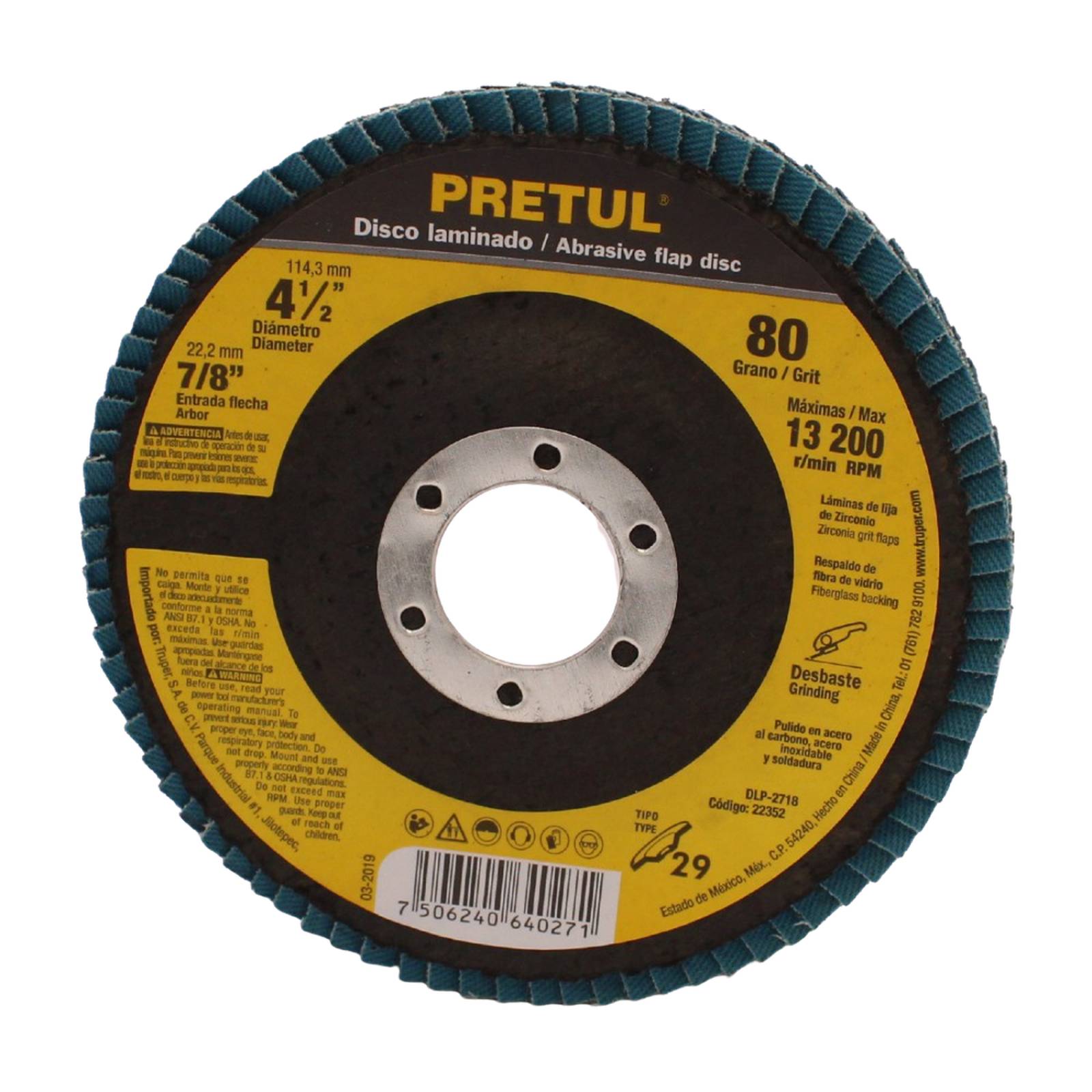 Disco 4-1/2" laminado grano 80 centro 7/8", Pretul 