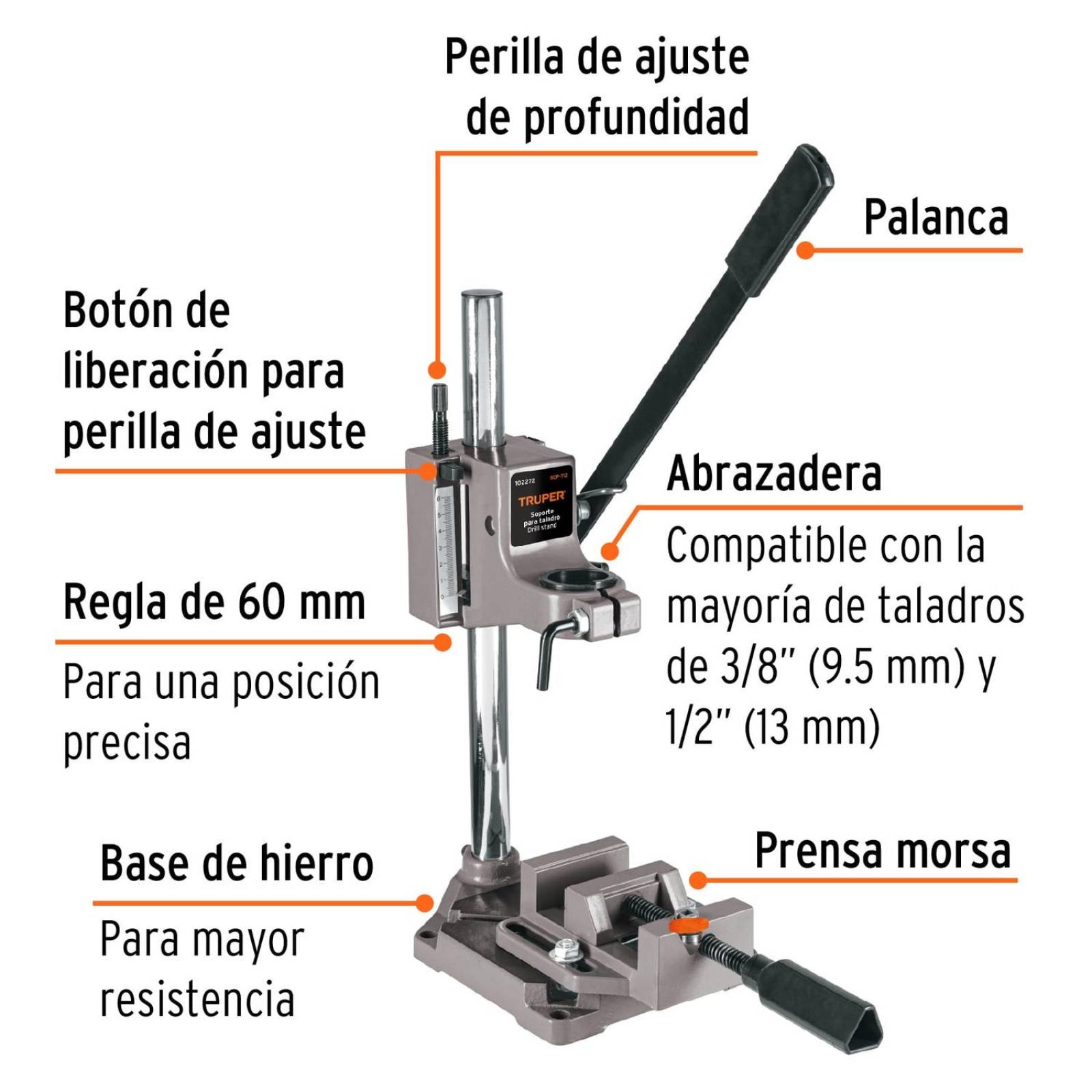 Soporte vertical para taladro 3/8"-1/2", Truper 