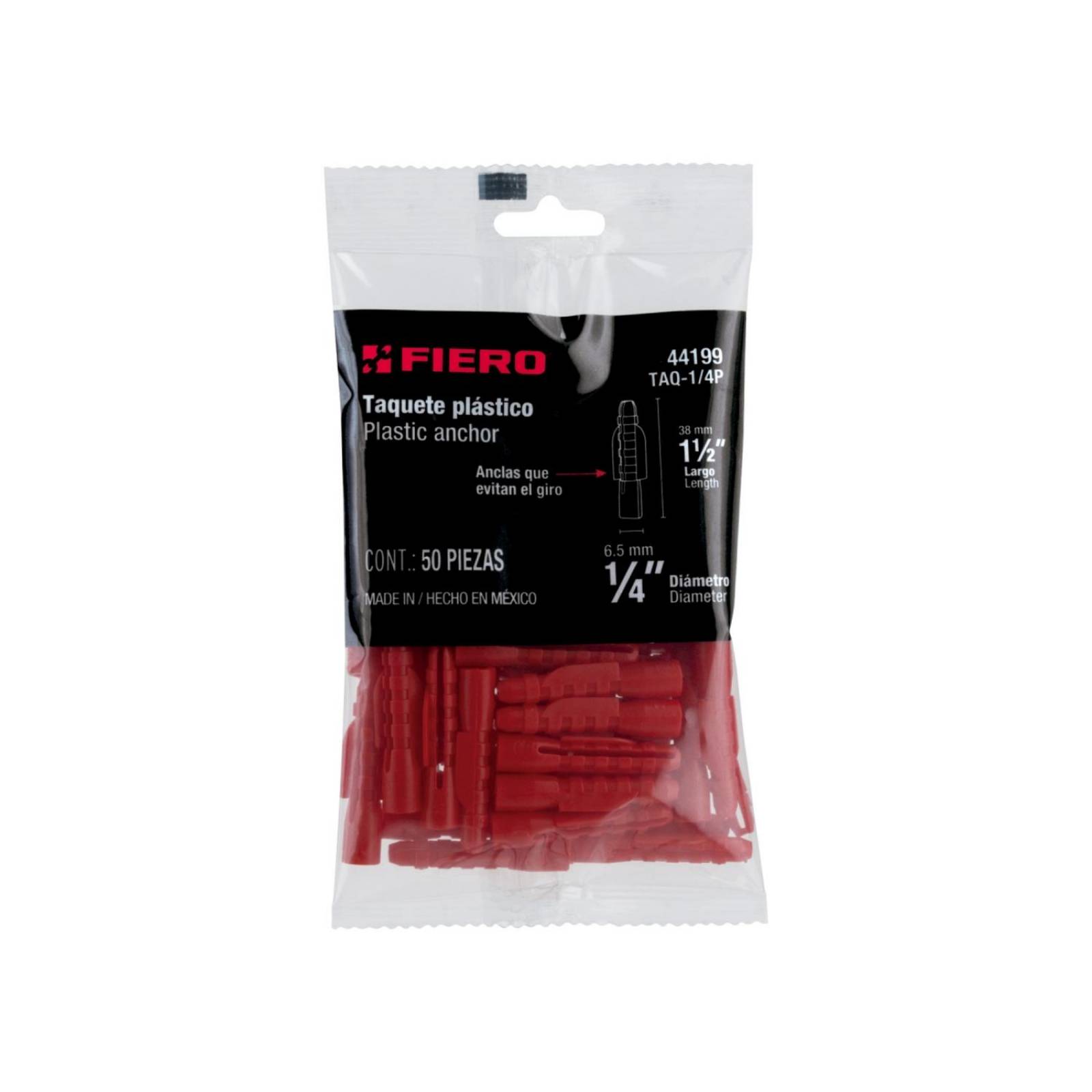 Taquete De 1/4' De Plástico, Bolsa 50 Piezas, Fiero 