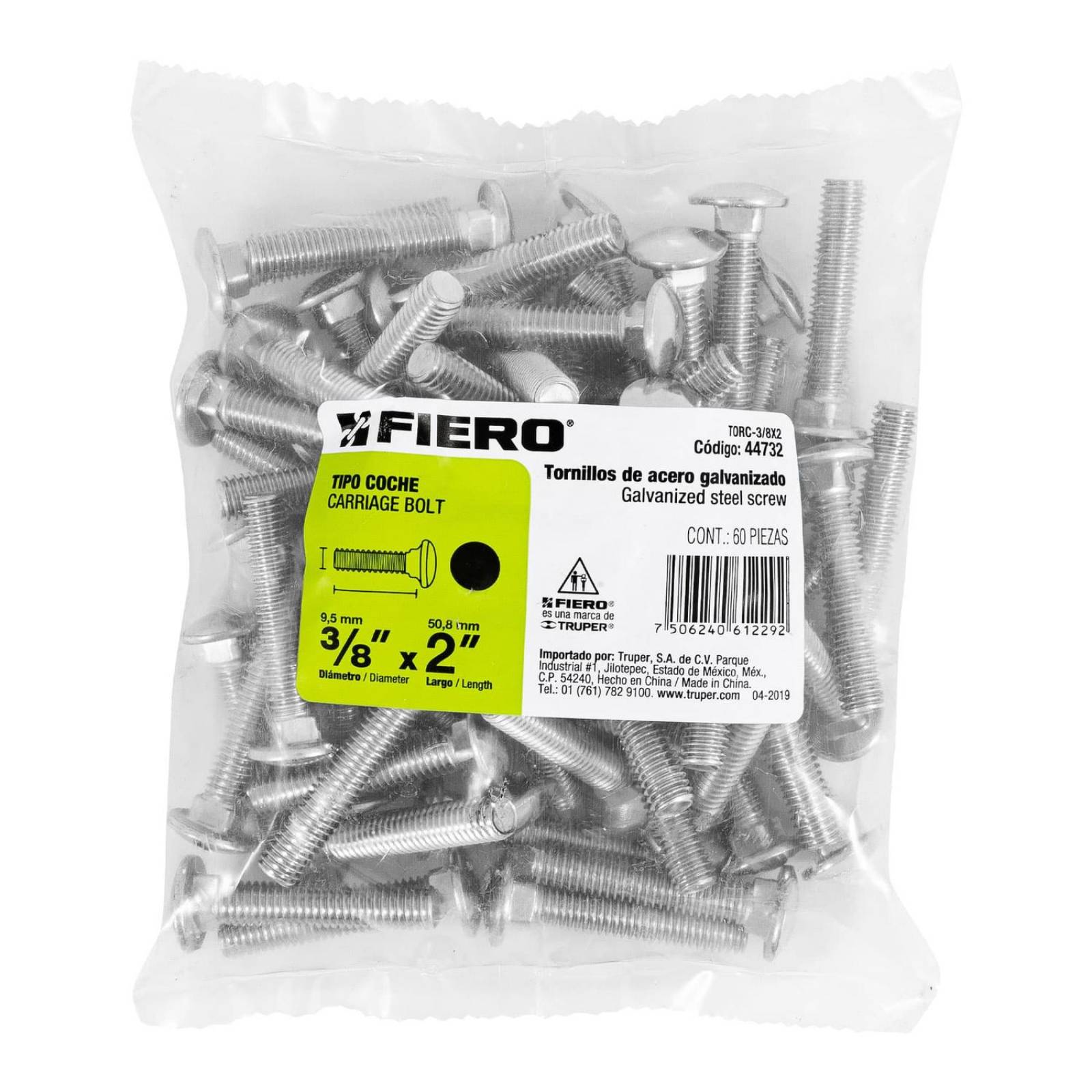Tornillo tipo coche, 3/8 x 2', bolsa con 60 piezas Fiero