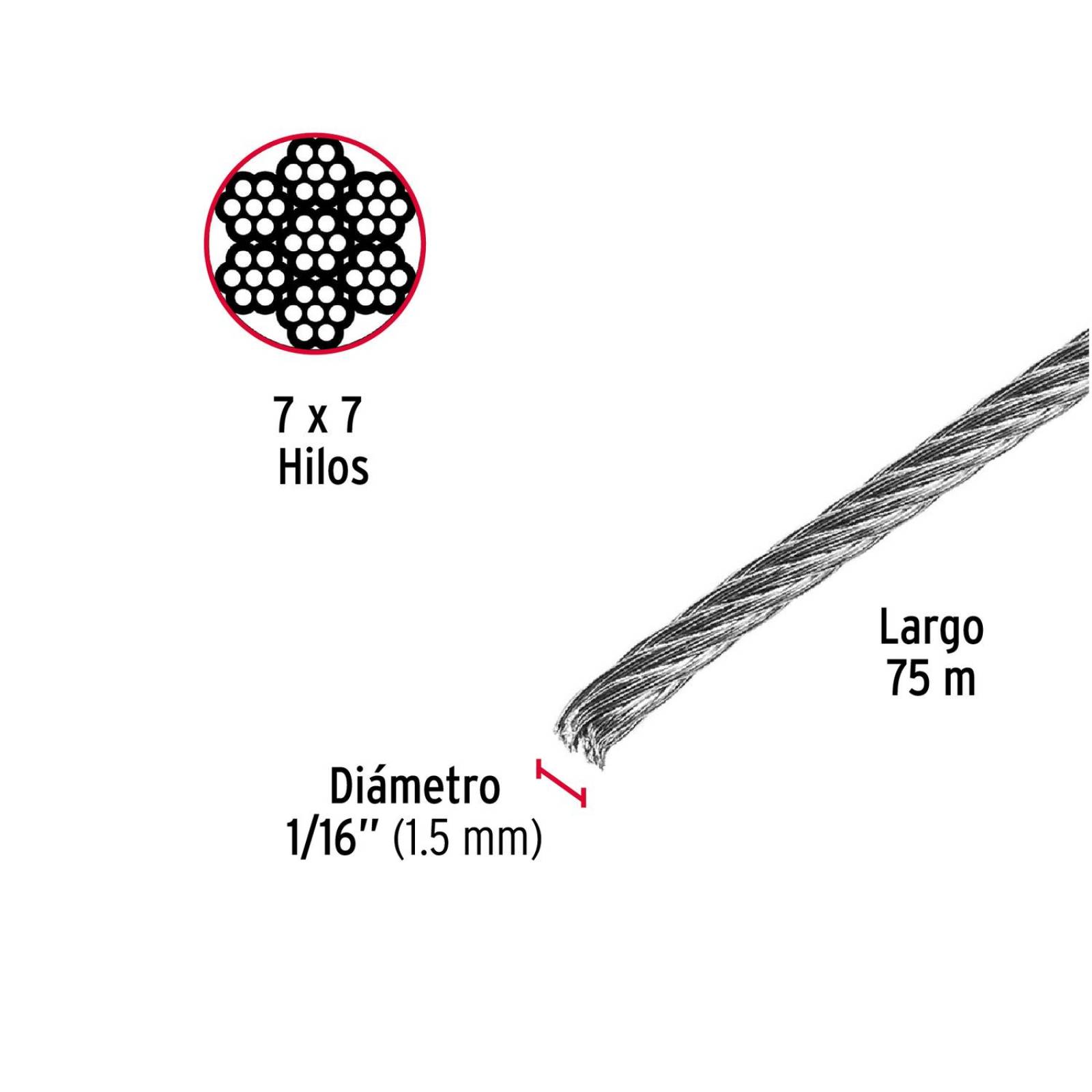 Cable rígido de acero 1/16', 7X7, 75 m Fiero 