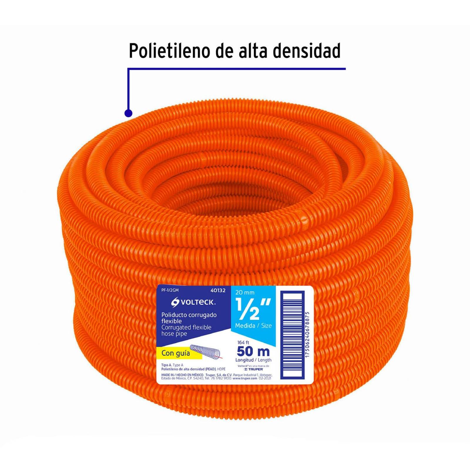 Poliducto 1/2" corrugado flex. c/guía, rollo 50 m