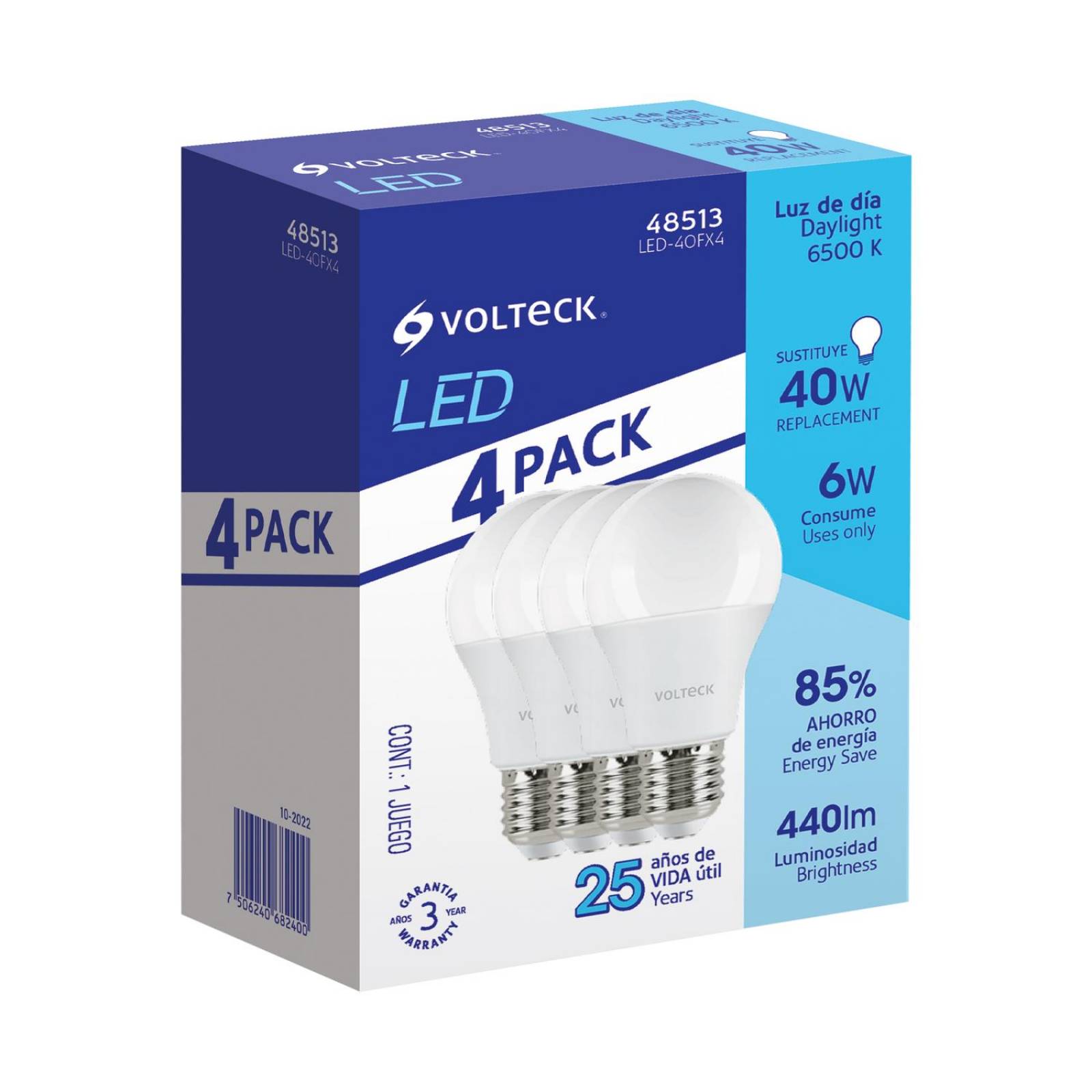 Pack de 4 lámparas de LED A19 6 W luz de día, caja, Volteck 