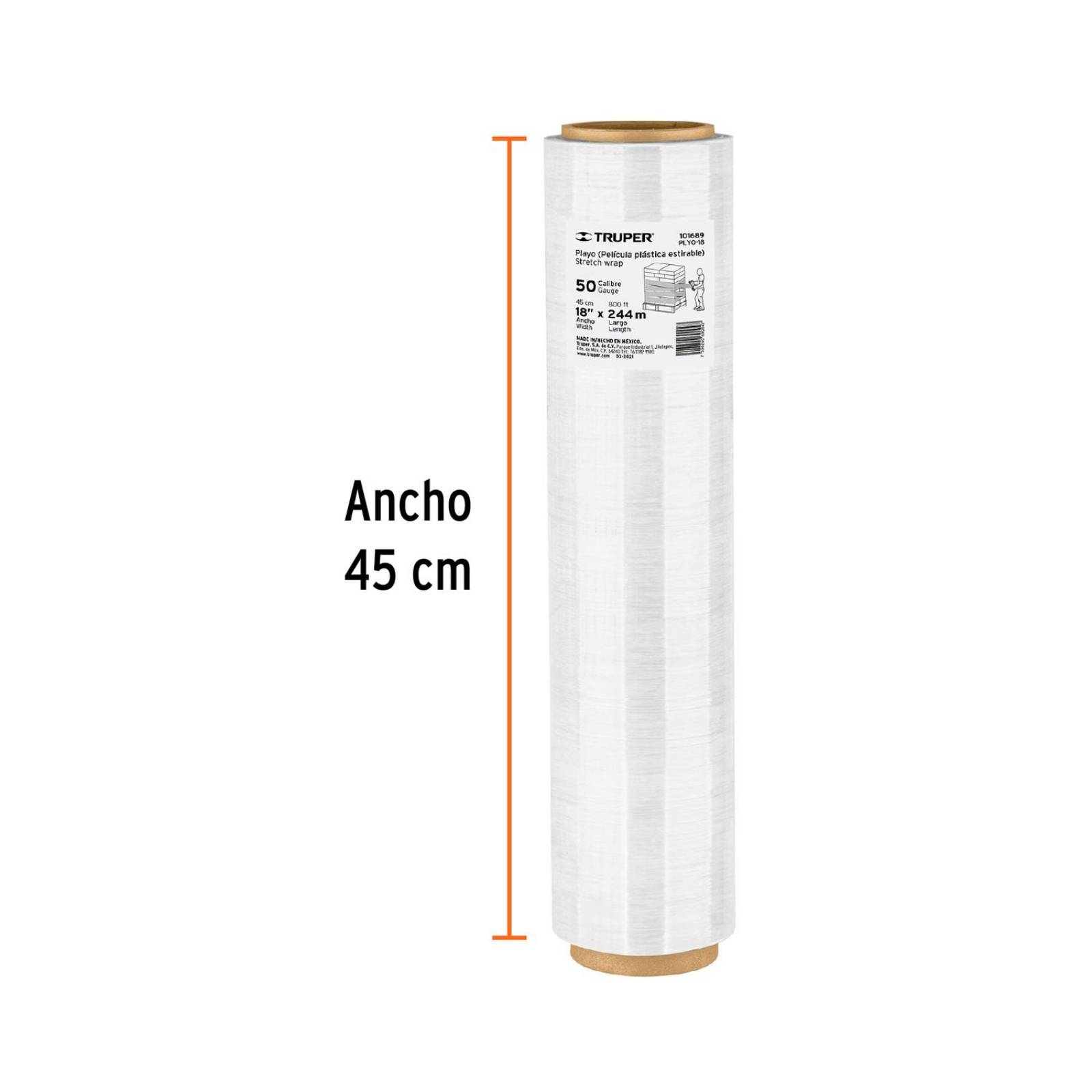 Película plástica estirable ancho 18" cal 50, Rollo de 244 m 