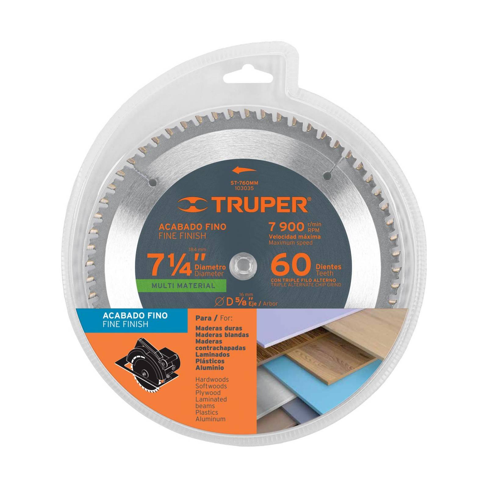 Disco sierra 7-1/4' multimaterial, 60 dientes centro 5/8'