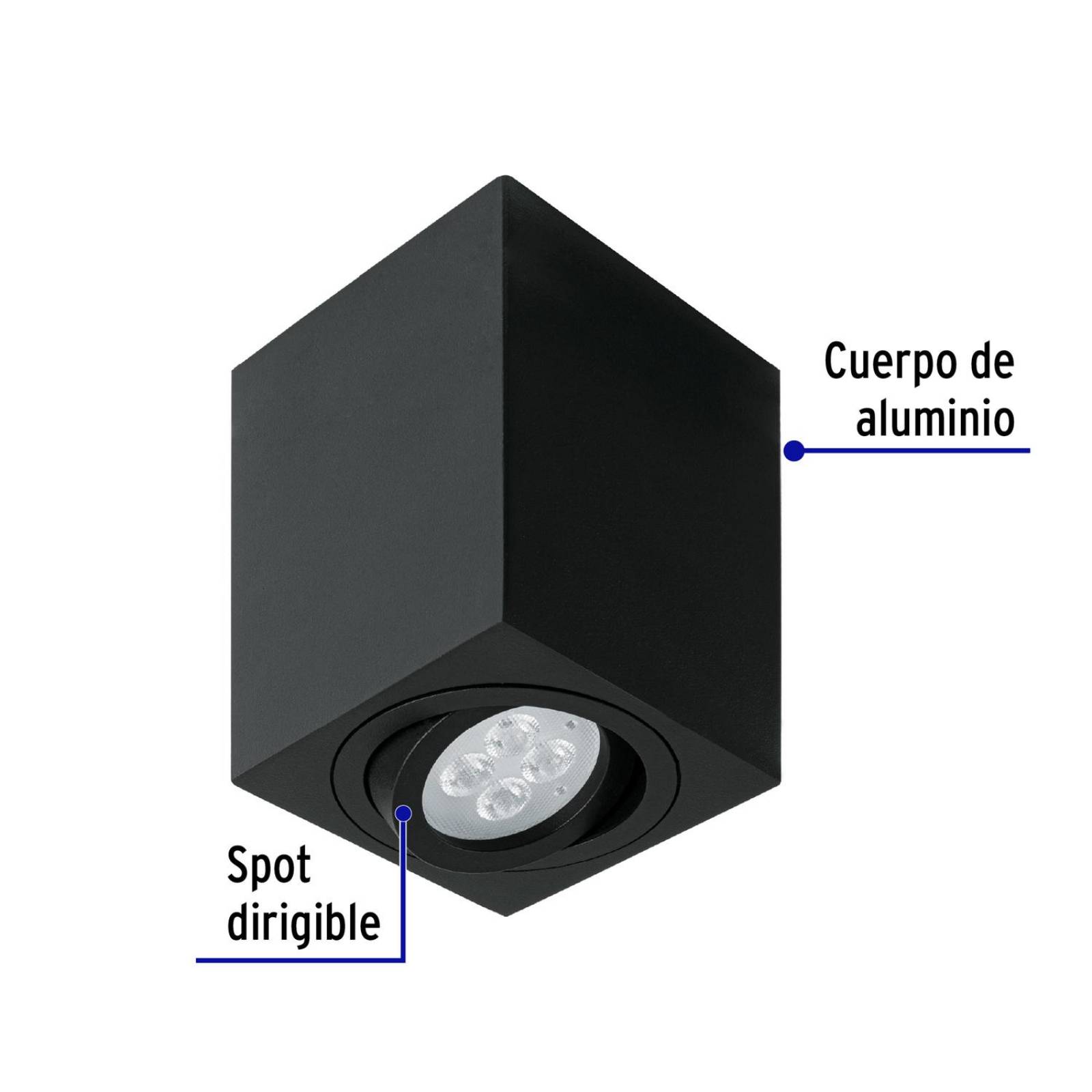 Luminario de sobreponer c/spot dirigible, cuadrado, negro 