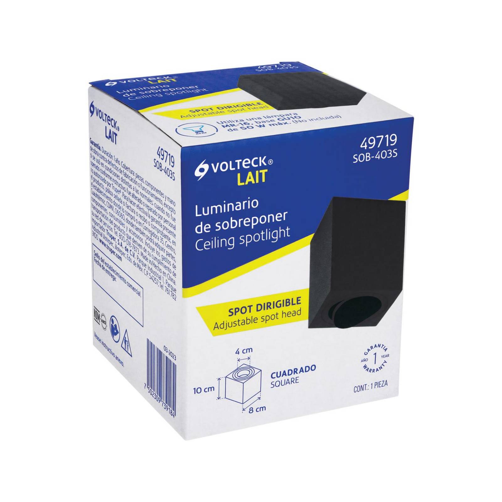 Luminario de sobreponer c/spot dirigible, cuadrado, negro 