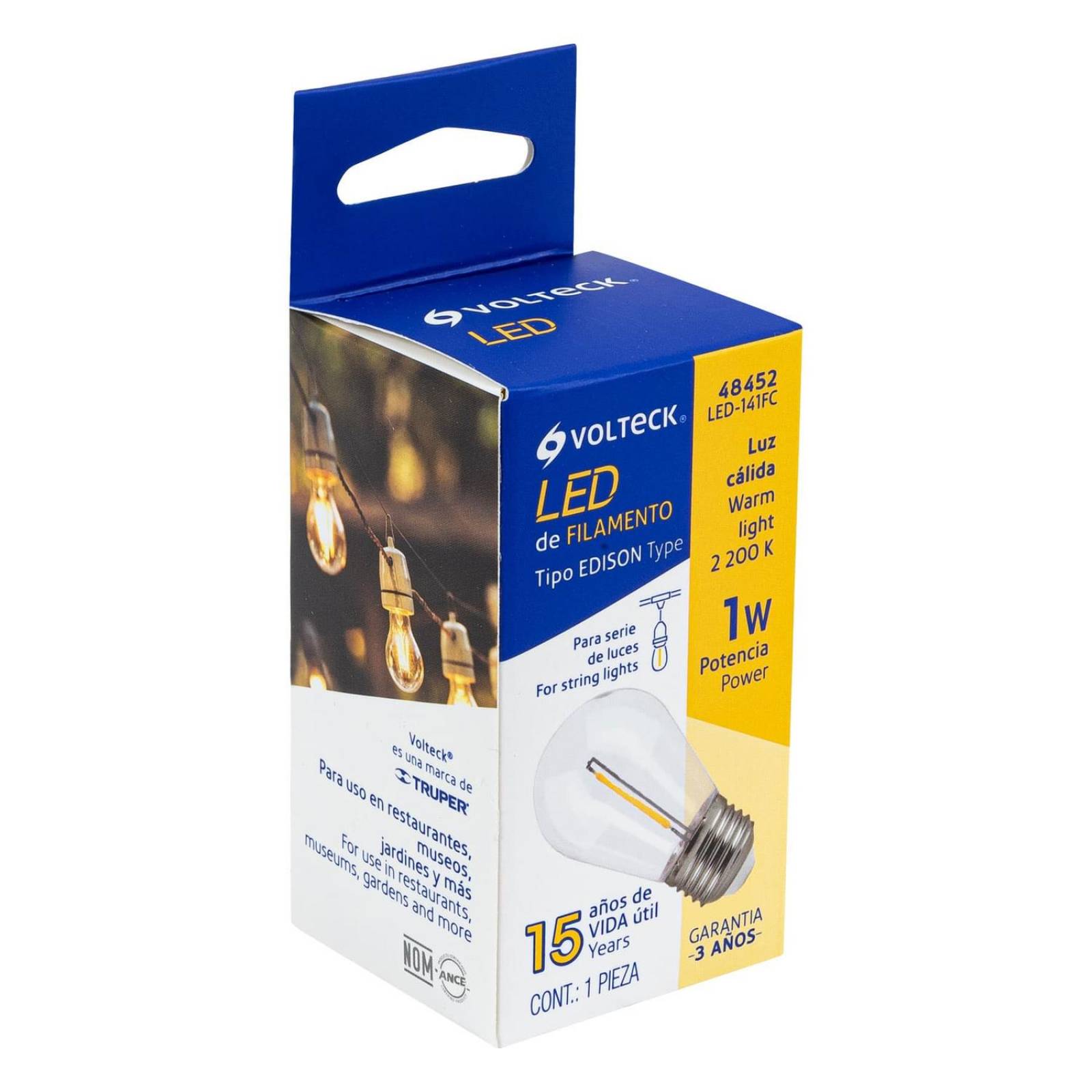 Lámpara LED S14 con filamento 1 W luz cálida, caja, Volteck 