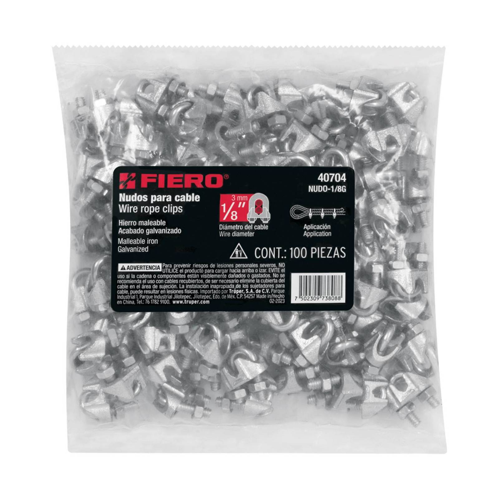 Bolsa con 100 nudos (perros) de hierro para cable de 1/8' 