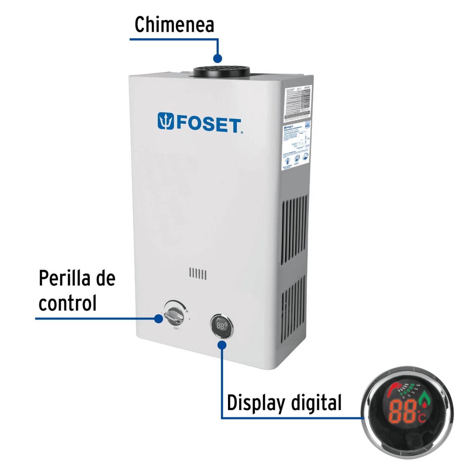 Calentador instantáneo, 11L, 2 servicios, gas natural, Foset 