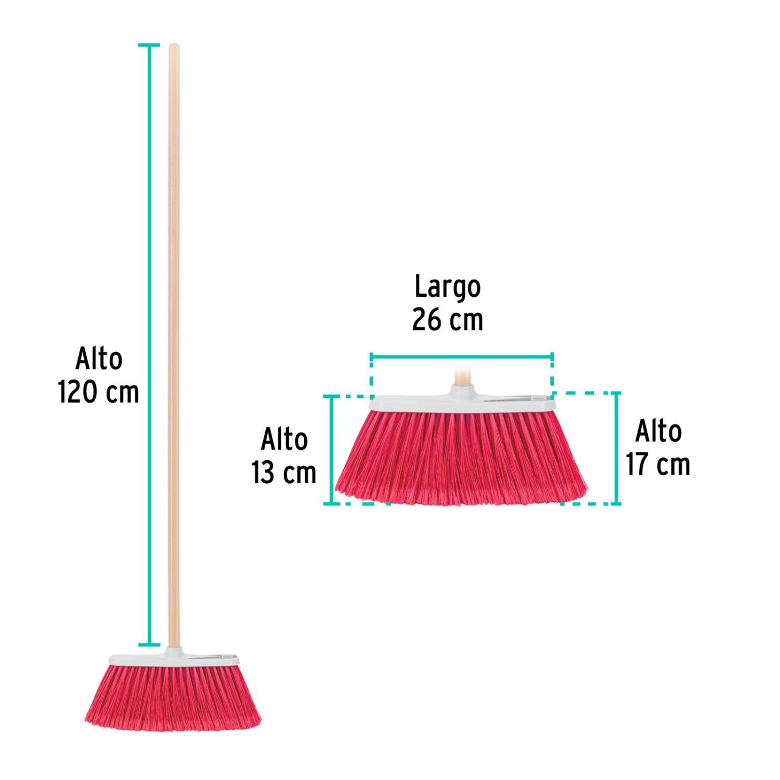 Escoba mediana tipo cepillo, cerdas de PVC, bastón de madera 