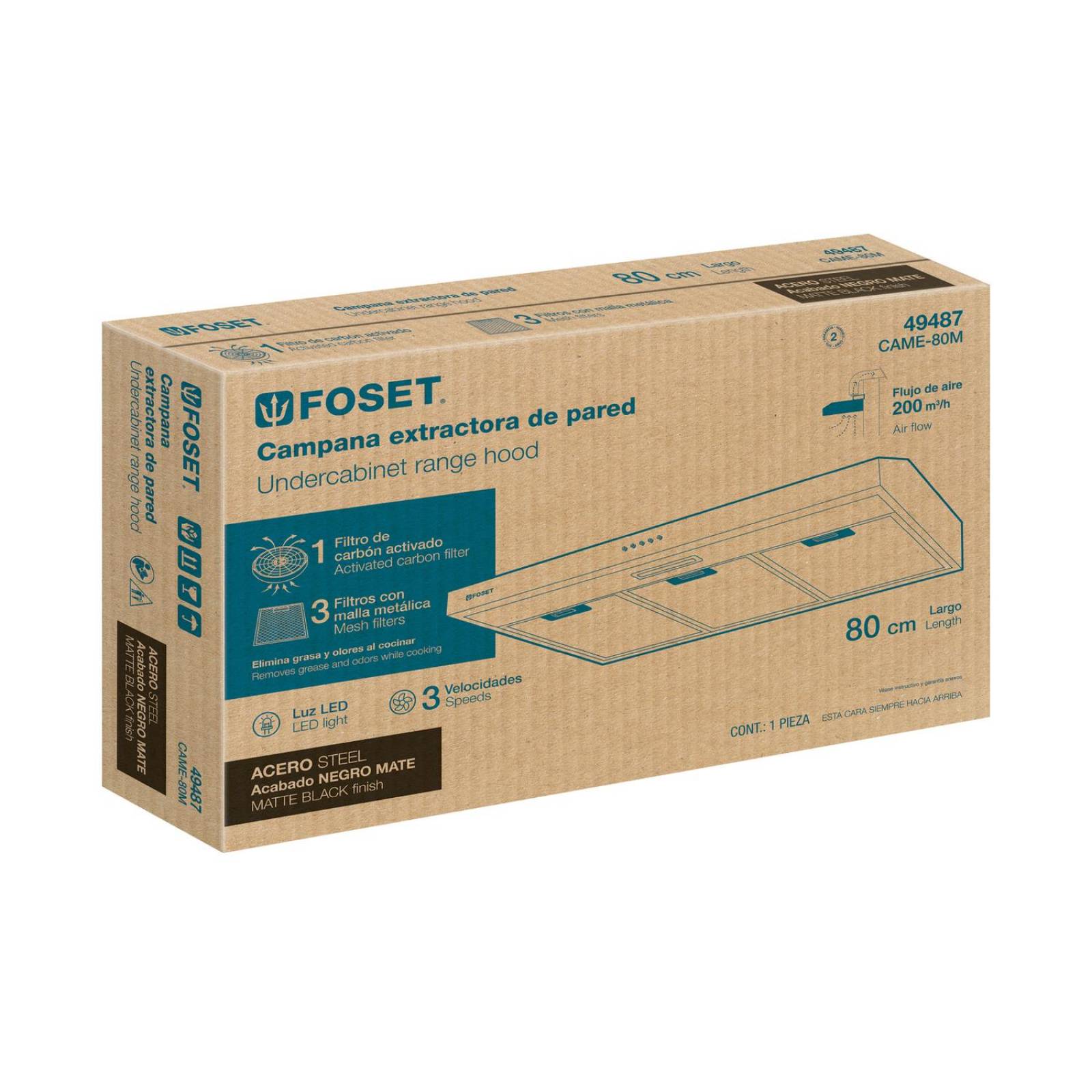 Campana extractora 80 cm, empotrable, negra, Foset 