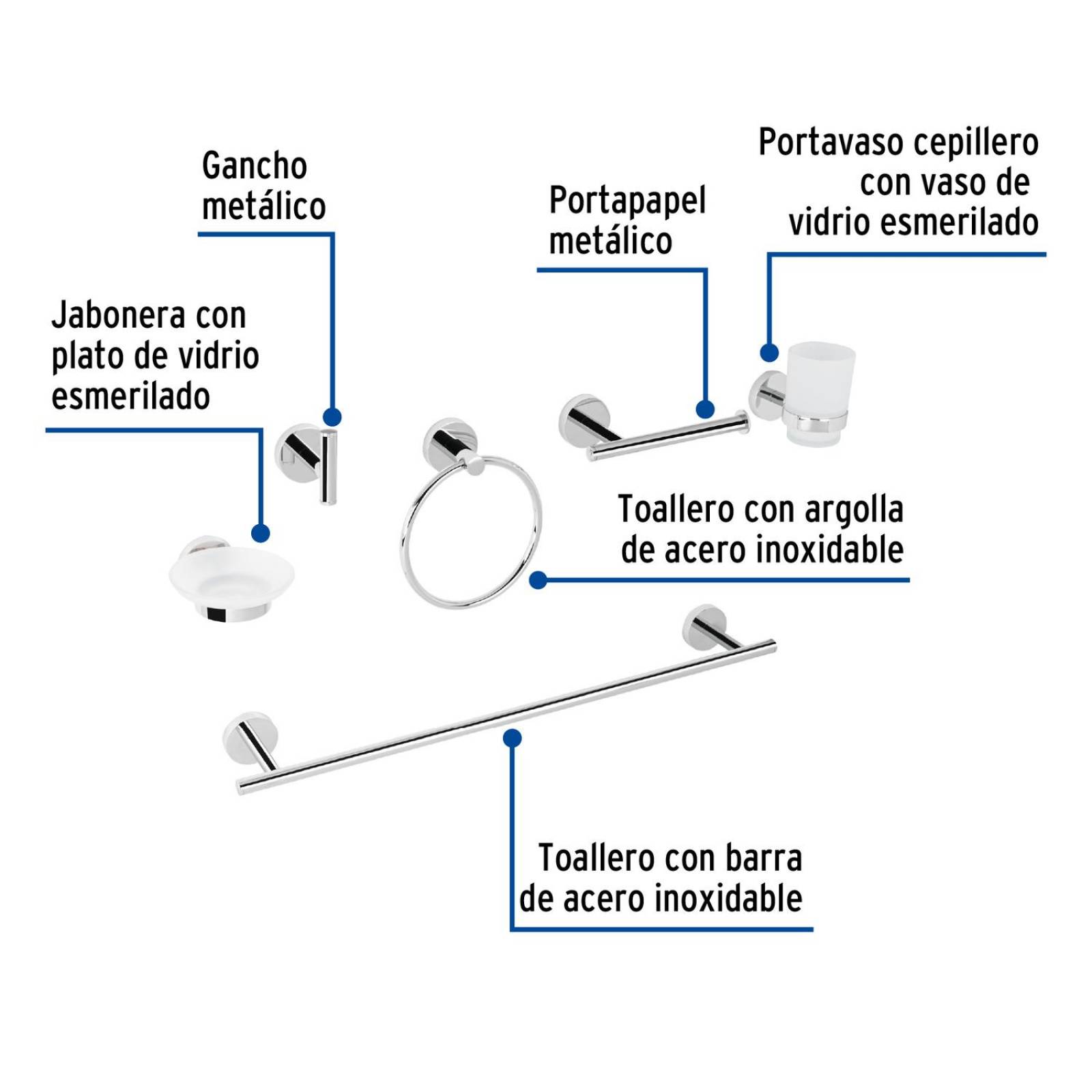 Juego de 6 accesorios para baño acabado cromo, Foset Tubig 