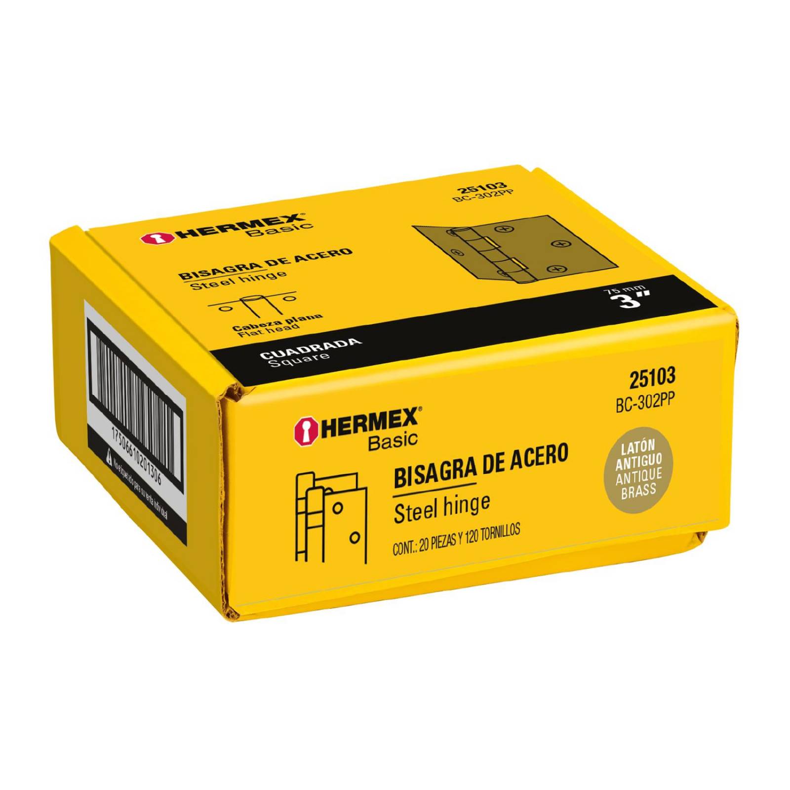 Bisagra cuadrada 3', latón antiguo, cabeza plana, Basic. 20 piezas. 