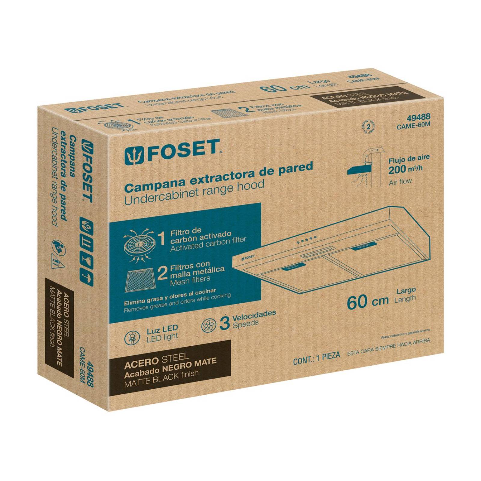 Campana extractora 60 cm, empotrable, negra, Foset 