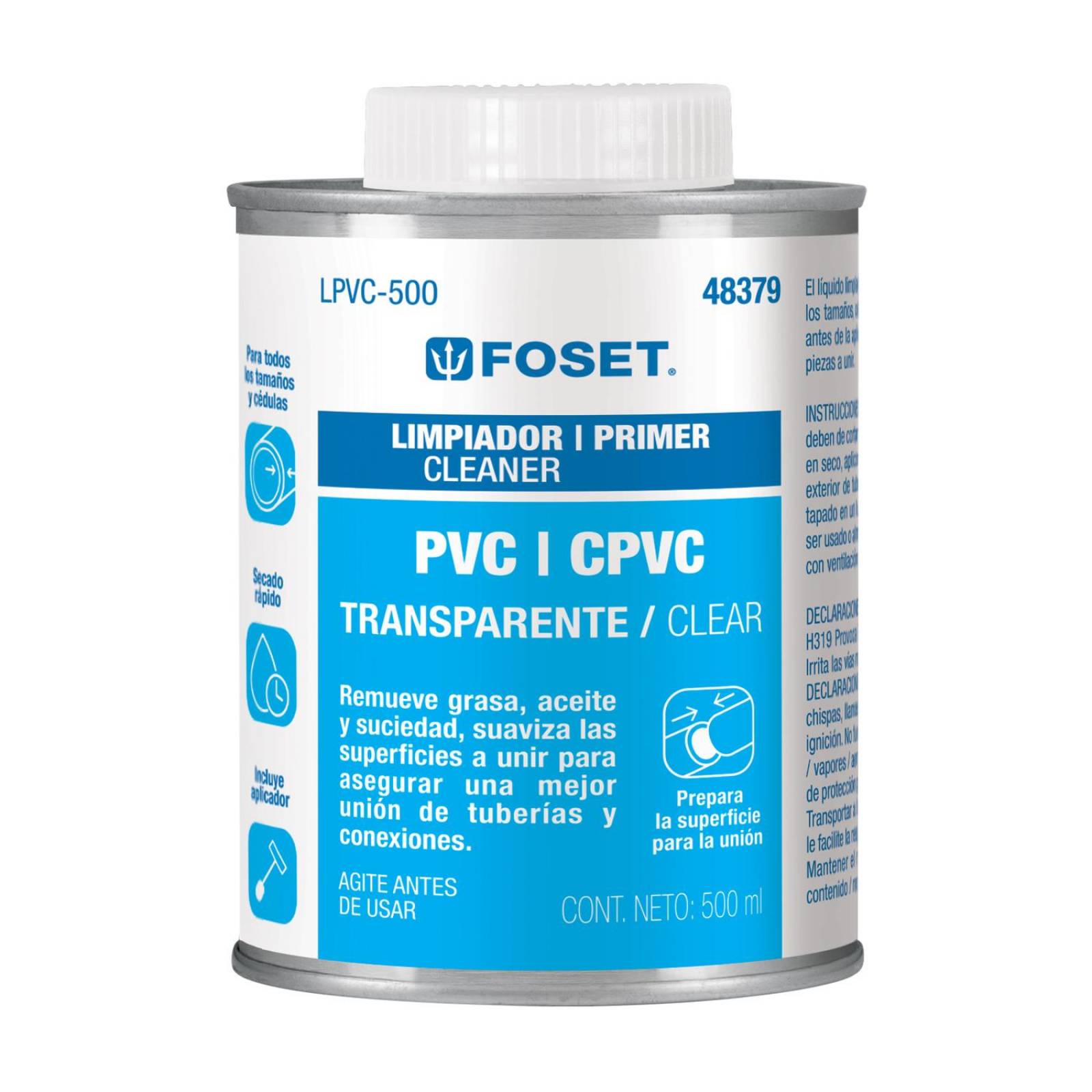 Limpiador para PVC y CPVC en lata, 500ml, Foset 