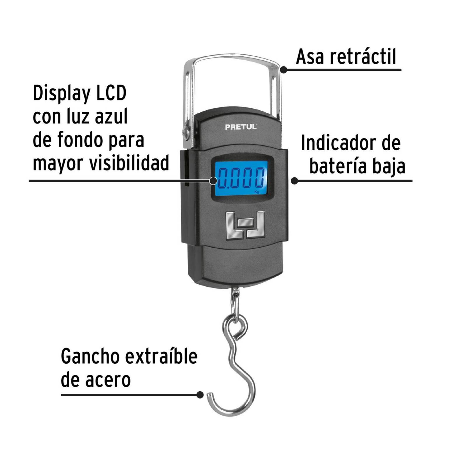 Báscula electrónica colgante, de pilas, 50 kg, Pretul