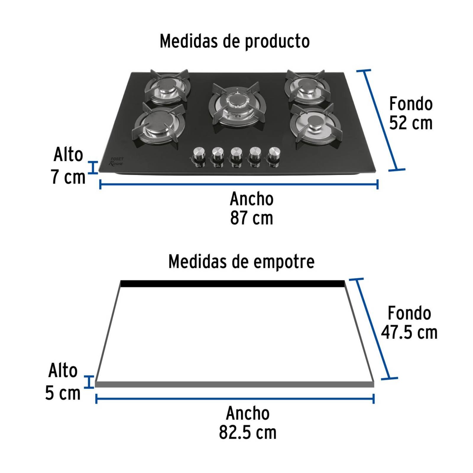 Parrilla gas empotrable 90cm, 5 quem, vidrio negro, Riviera 