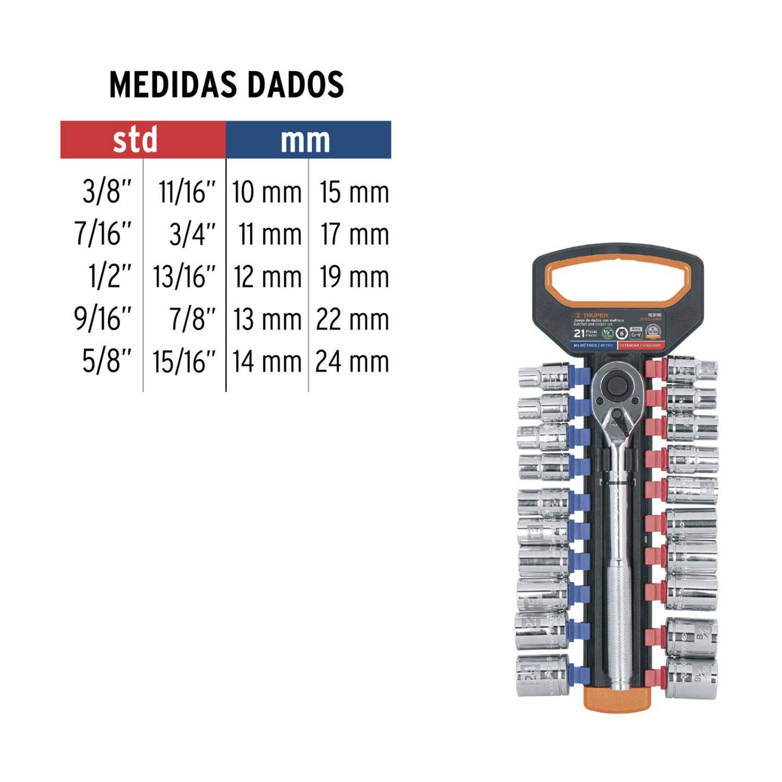 Juego de dados mm y std con matraca, cuadro 1/2', Truper