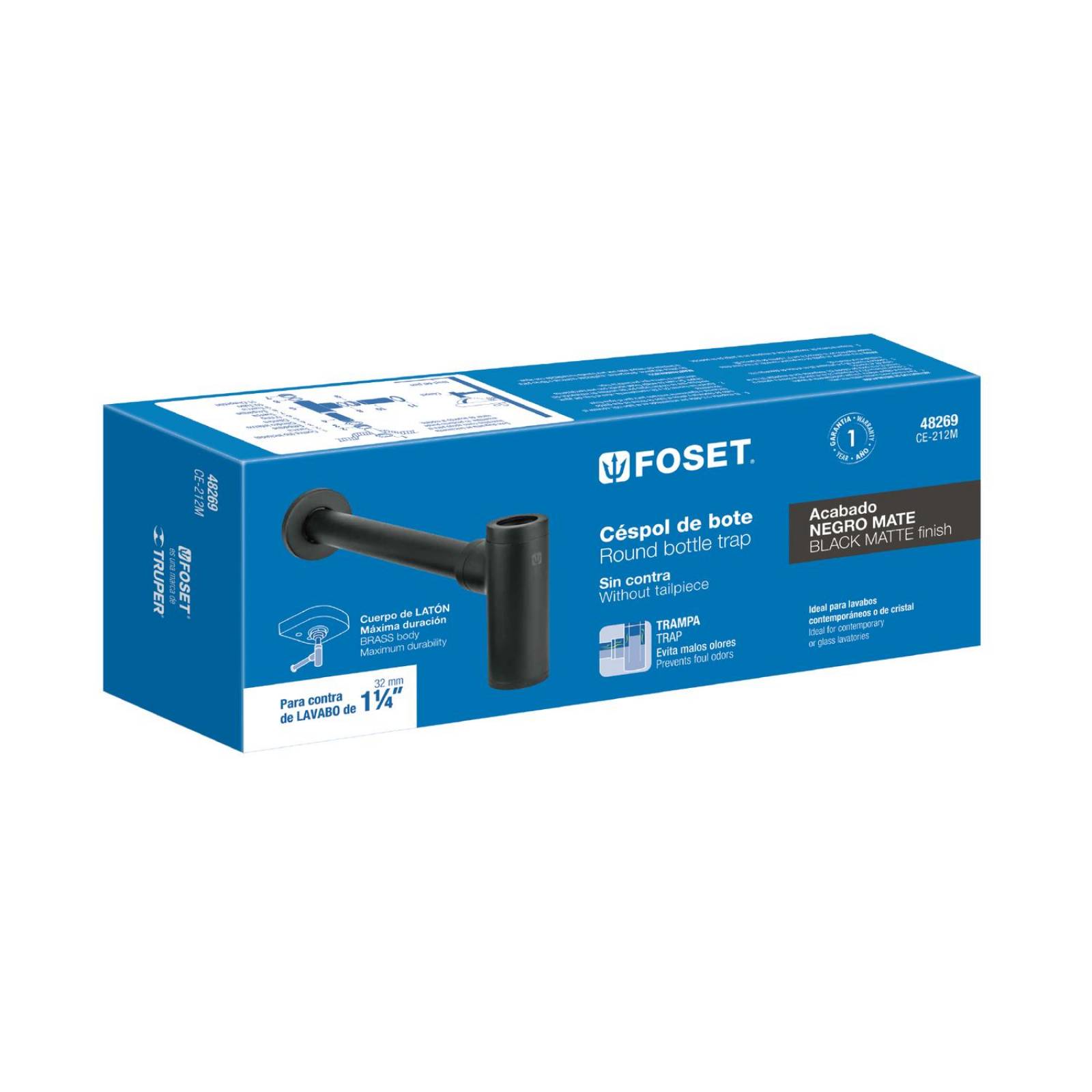 Céspol de bote minimalista 1 1/4', negro, para lavabo, Foset 