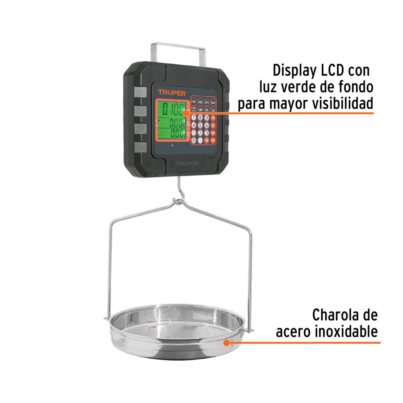 Báscula electrónica colgante, recargable, c/charola, 40 kg 