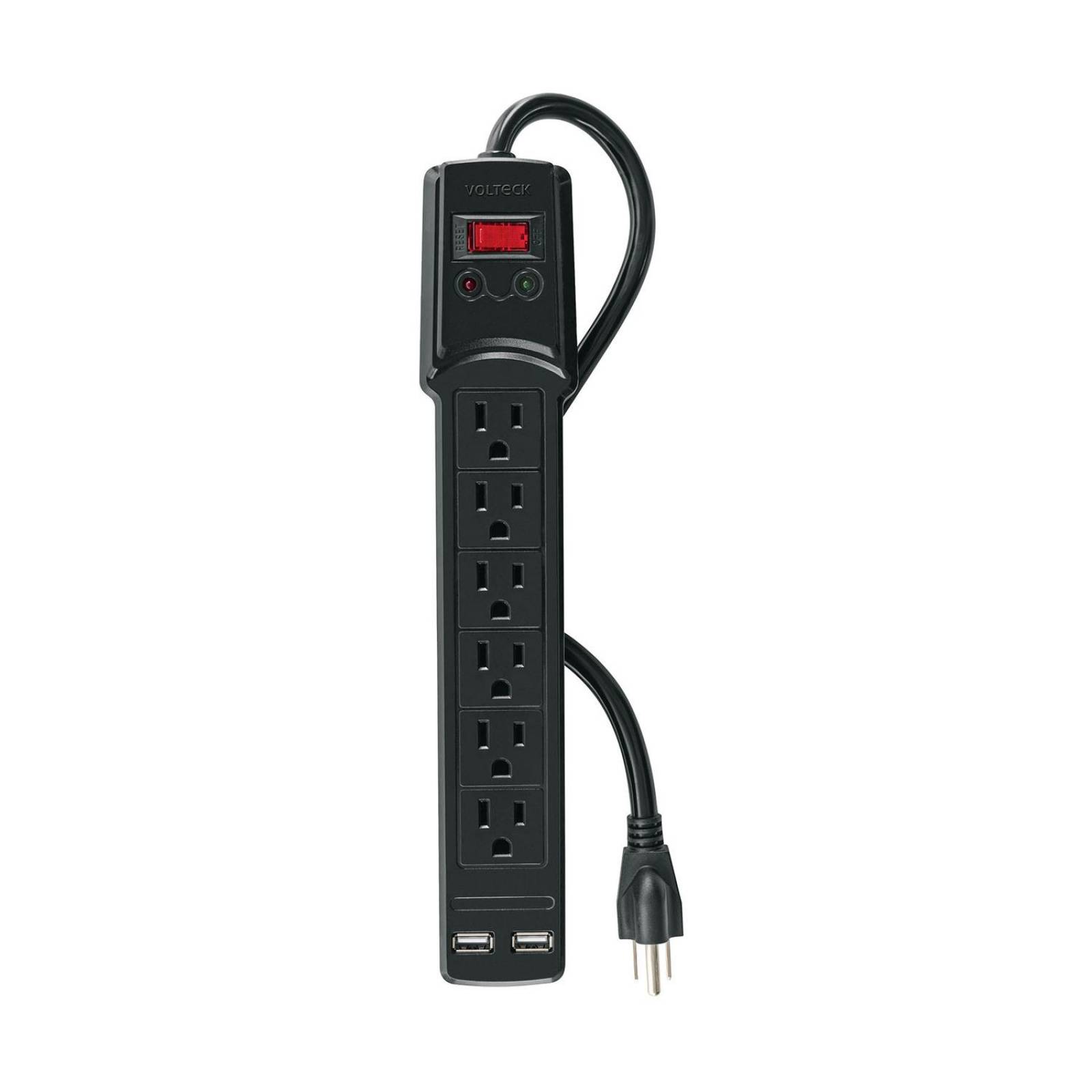 Multicontacto 16 AWG 6 entradas 2 ptos. USB sup. 150J, negro 