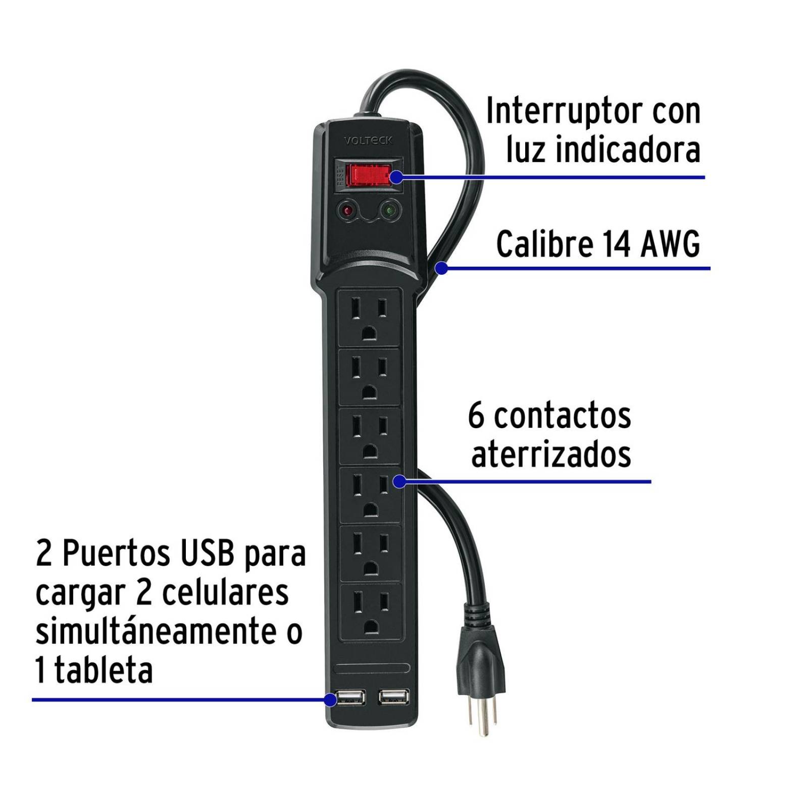 Multicontacto 16 AWG 6 entradas 2 ptos. USB sup. 150J, negro 
