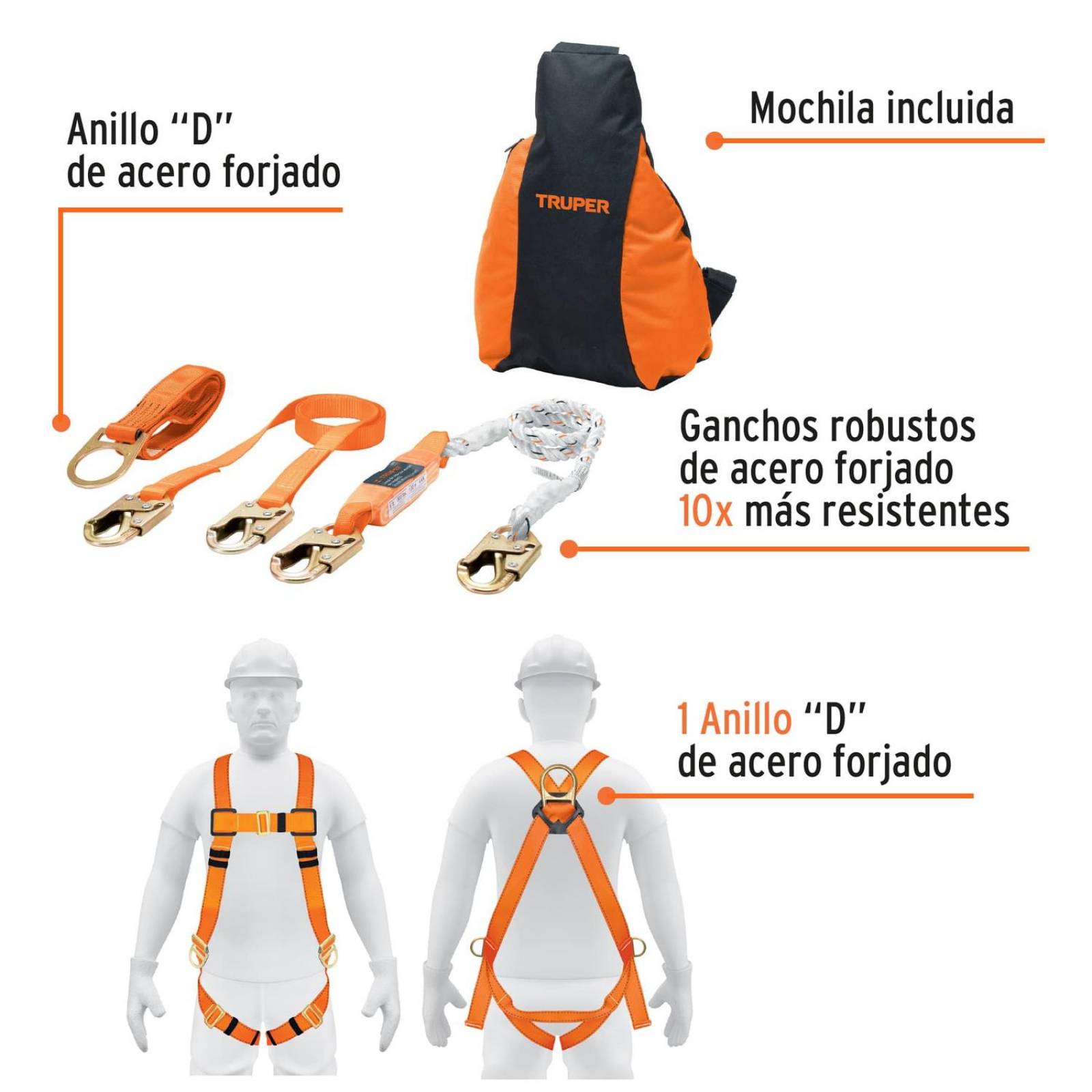 Kit contra caídas con arnés de tres anillos, ANSI, Truper 