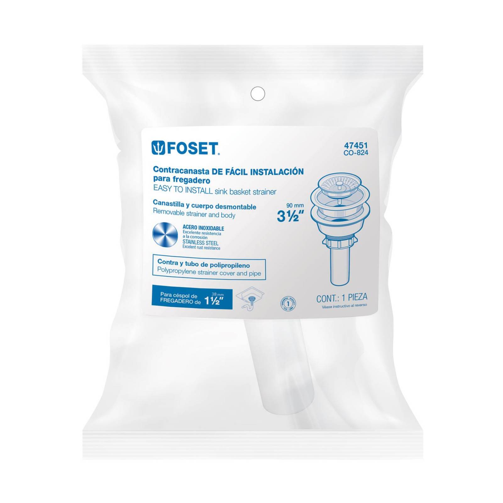 Contracanasta 3-1/2' inox, instalafácil, tubo plástico,Foset 