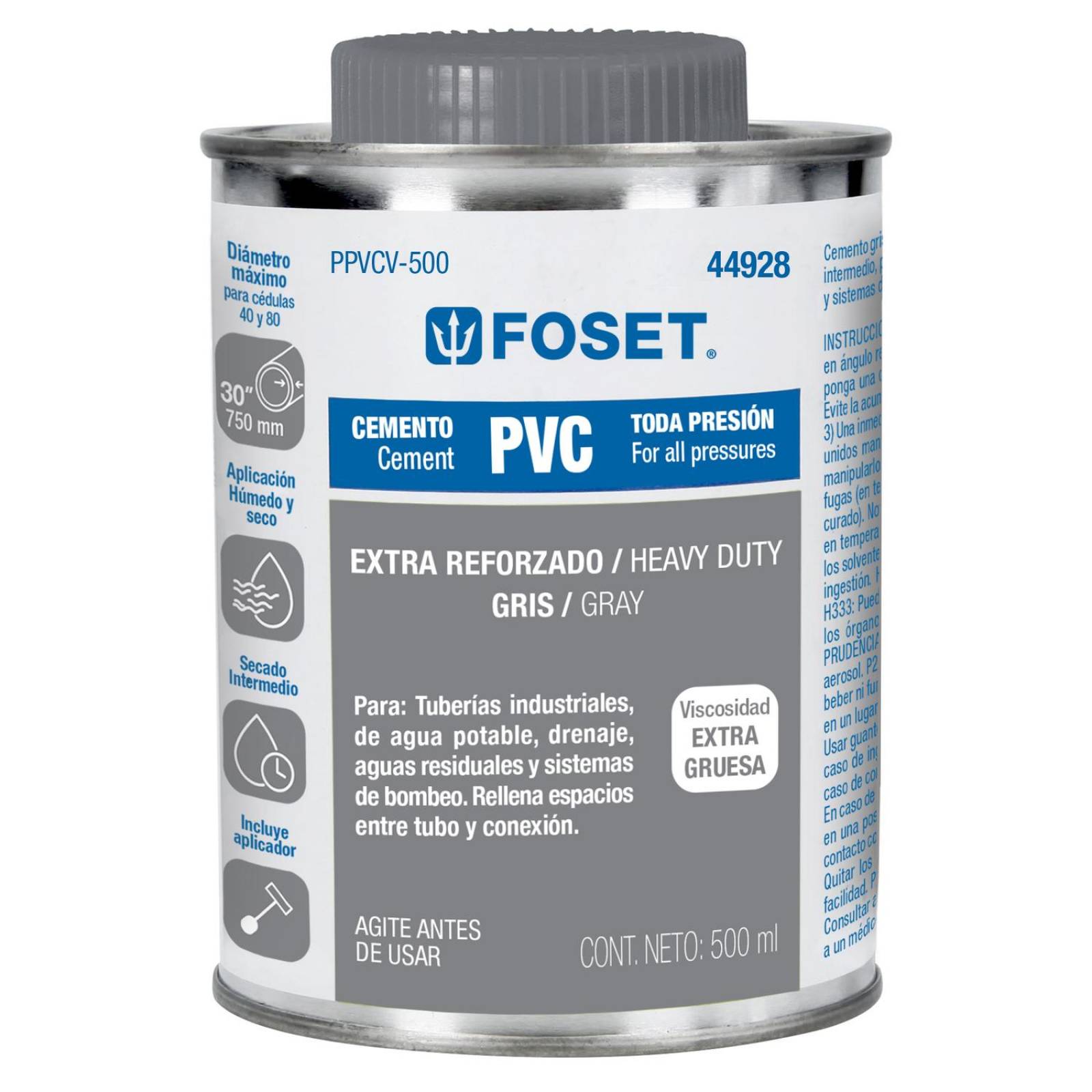 Cemento para PVC en bote de 500 ml, alta viscosidad, Foset 