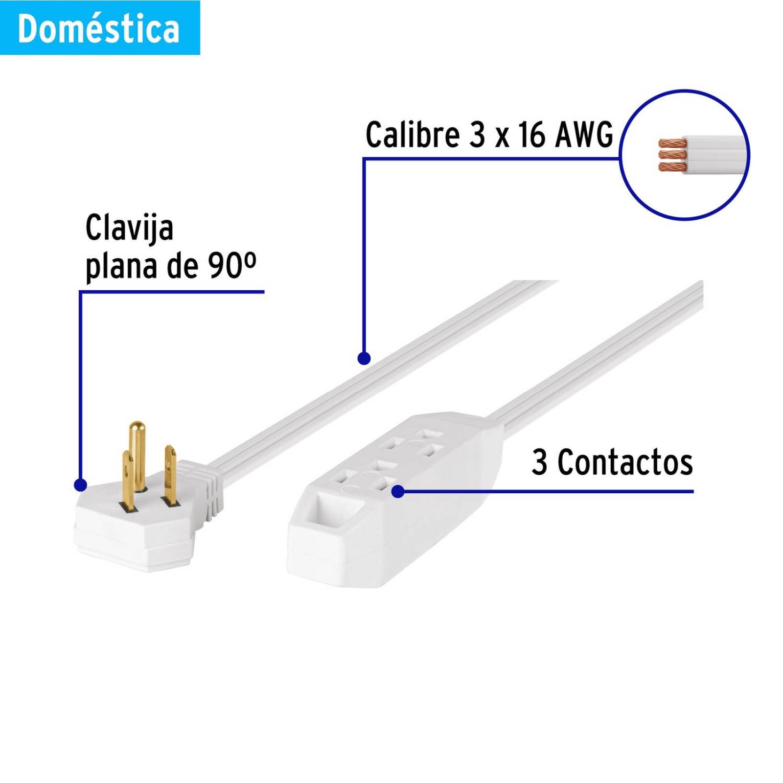 Extensión doméstica aterrizada 4 m blanca con clavija plana 