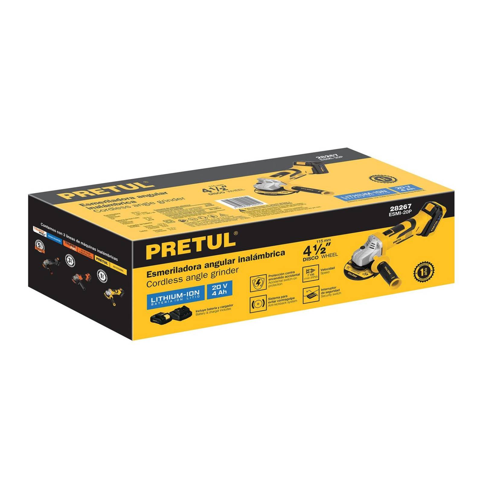 Esmeriladora angular inalámbrica 4-1/2', 20 V, Pretul 