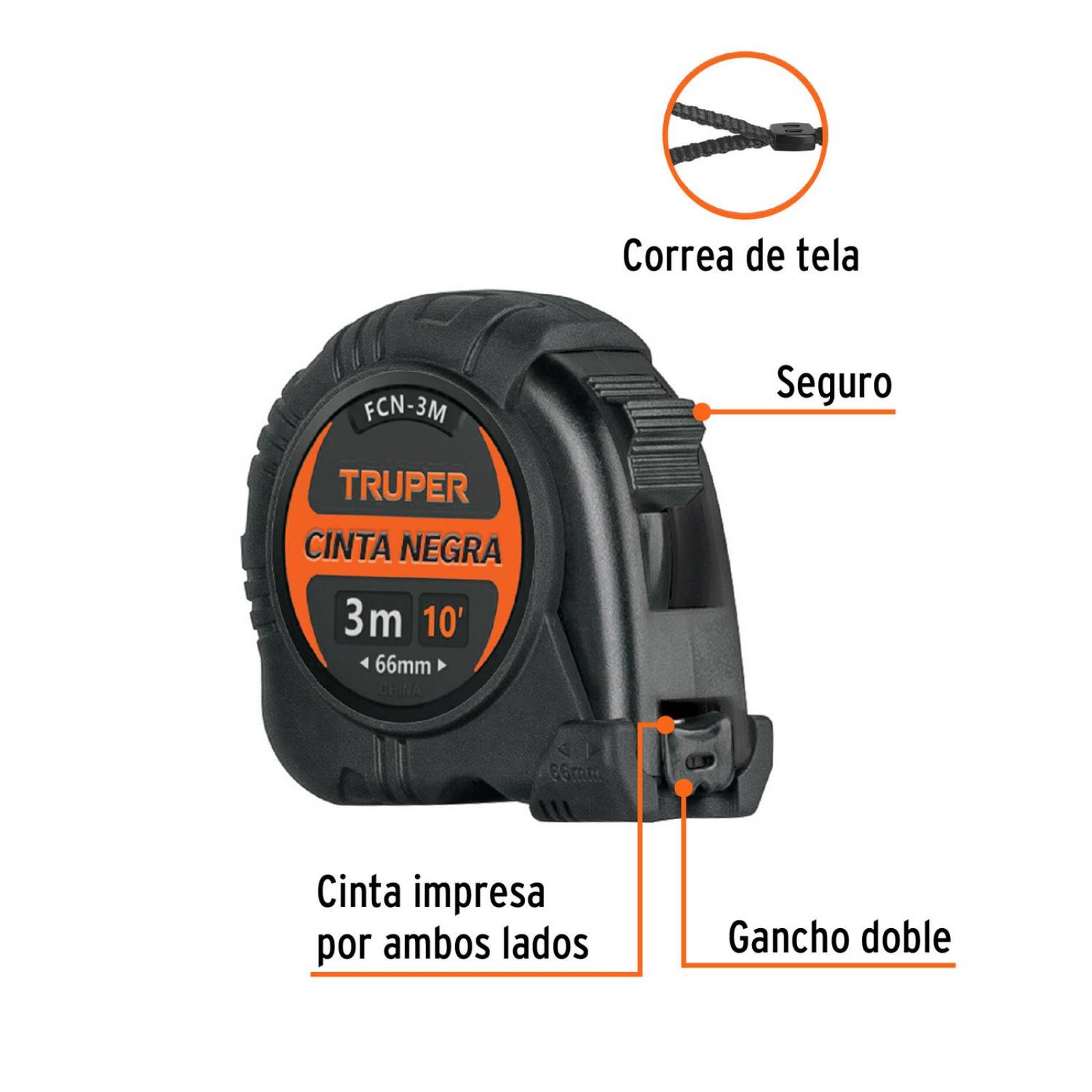 Flexómetro contra impactos 3 m, Cinta Negra 13 mm, Truper 