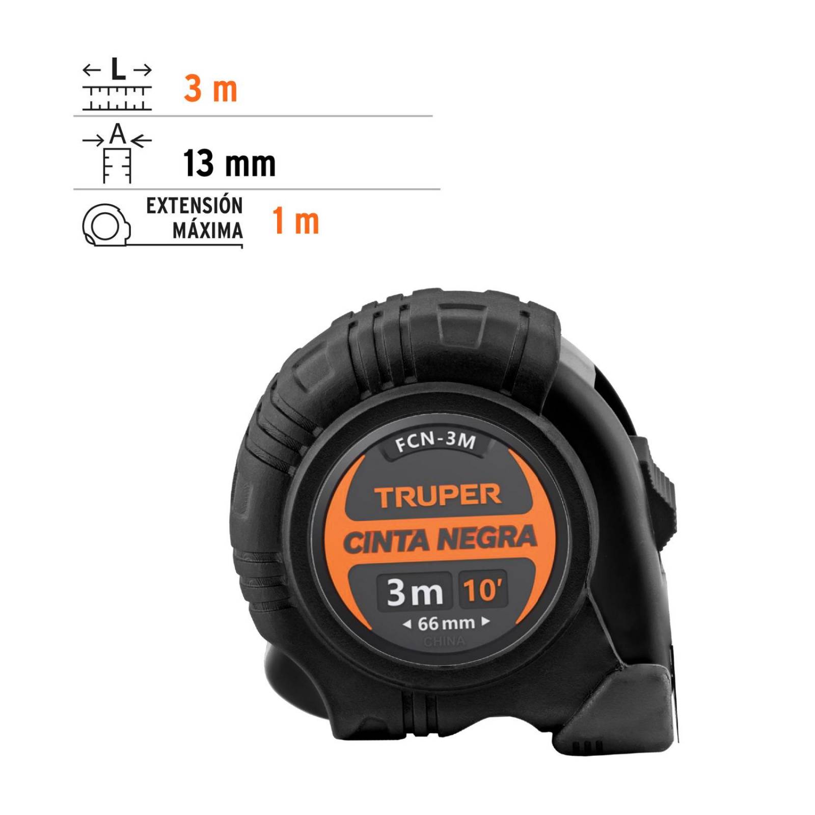 Flexómetro contra impactos 3 m, Cinta Negra 13 mm, Truper 
