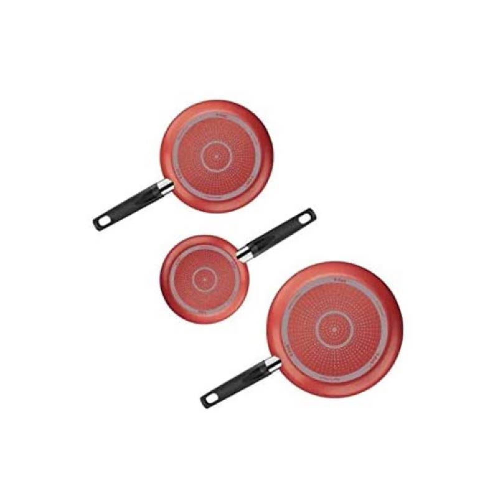 T-fal Juego de 3 Sartenes de 20/24/30 cm con Thermo-Señal T-Fal Simply Cook  Red Rojo con Antiadherente Titanium, B5749182M