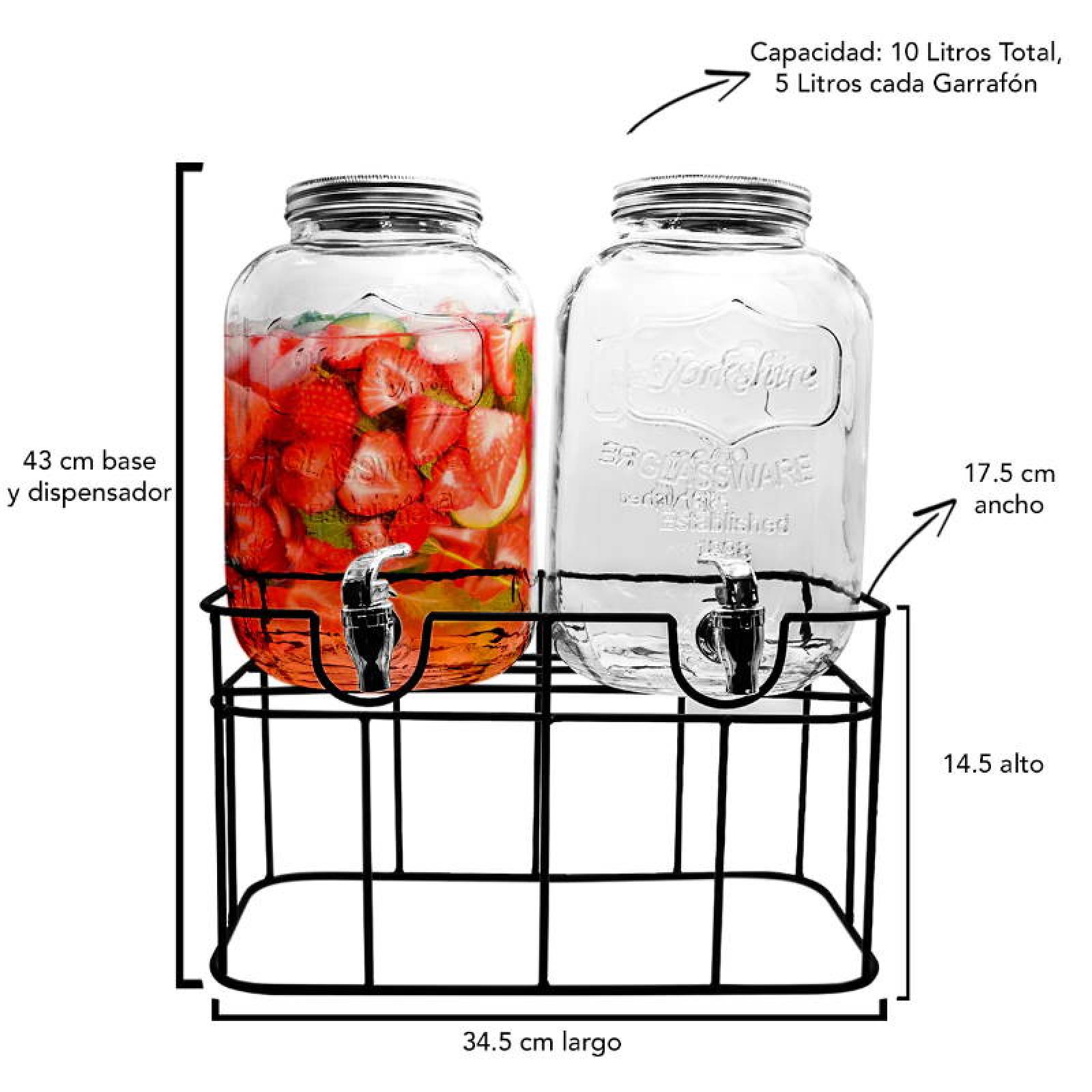 Juego de 2 Garrafones Dispensador 5 lts c u Vidrio con Base Metal Top Choice