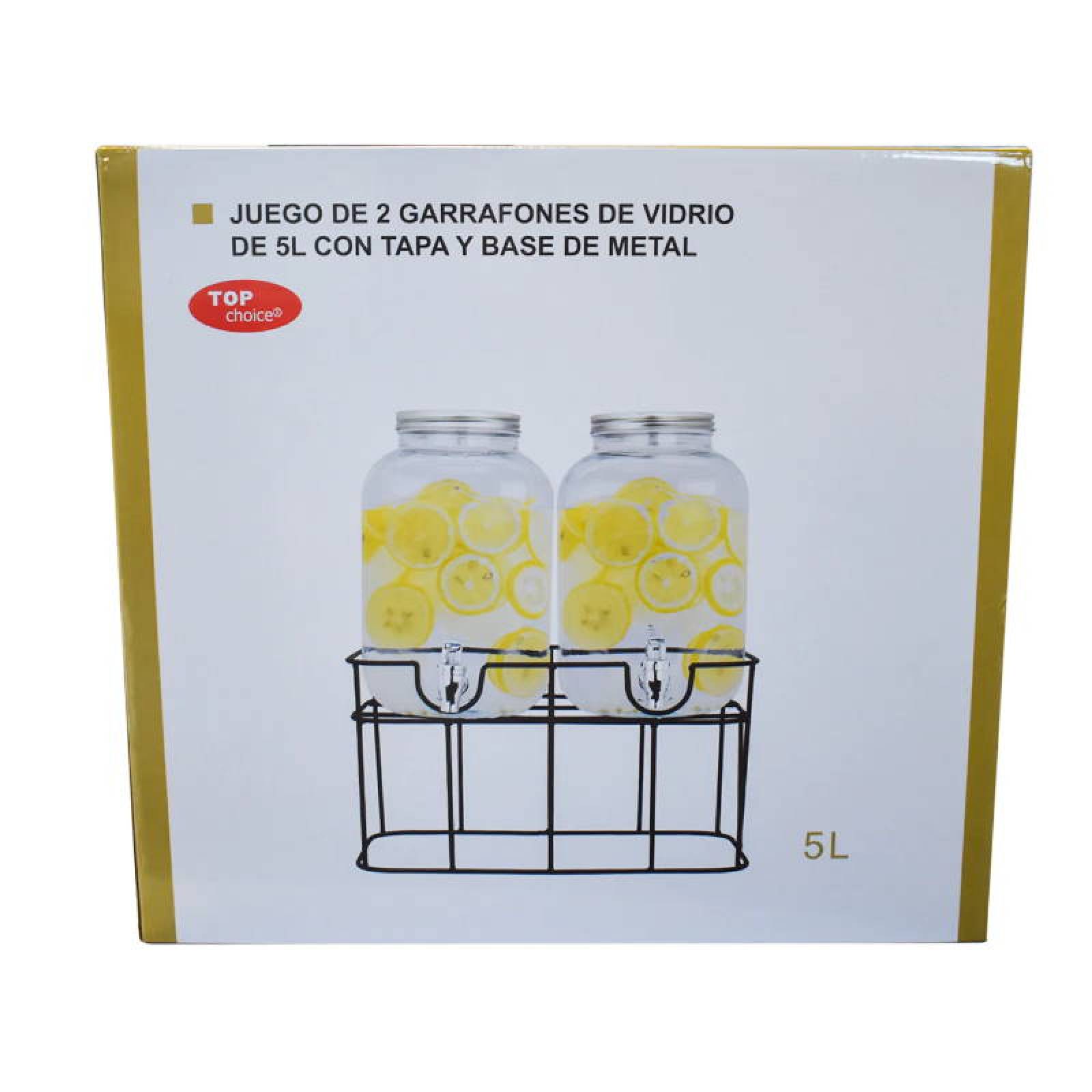Juego de 2 Garrafones Dispensador 5 lts c u Vidrio con Base Metal Top Choice