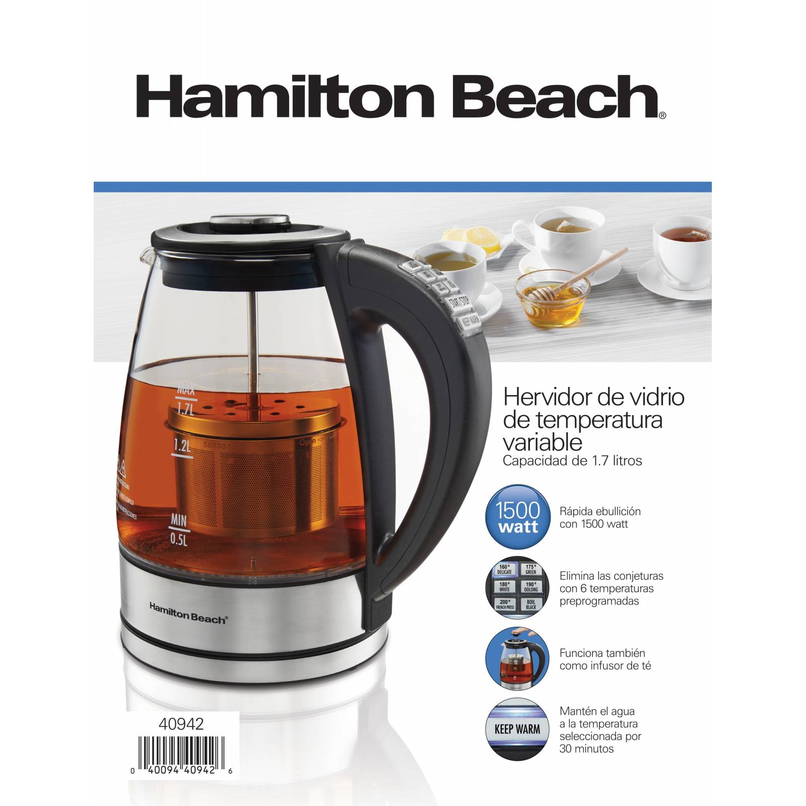 Jarra Hervidor de vidrio 17 L infusor 1500w Hamilton Beach