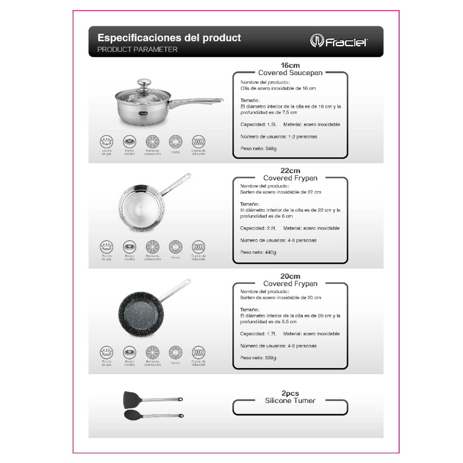 Batería Cocina 12P Acero Inoxidable Inducción Sienna Fraciel