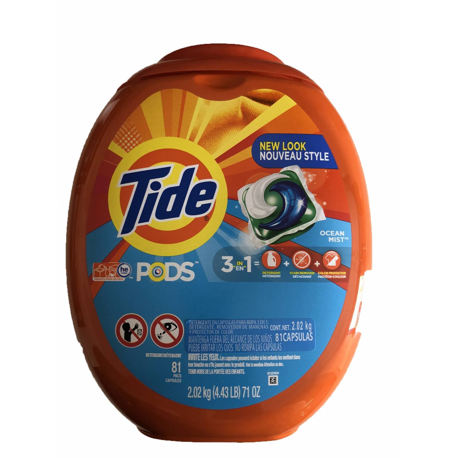 Tide Pods Capsulas para lavanderia ropa tela High Eficiency HE 2.02 Kilos 81 cargas, 3 en 1, Detergente, removedor de manchas, protege colores.