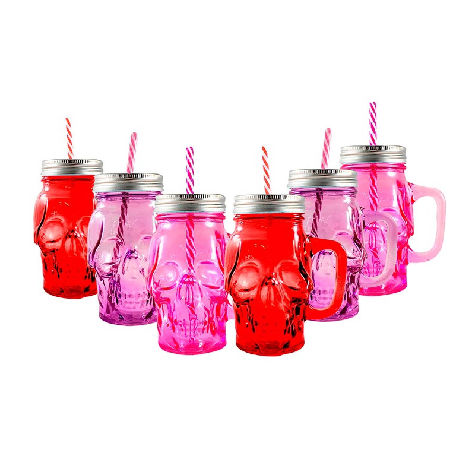 6pz Tarros Con Asa De Vidrio Con Tapa Y Popote Mason Jar Calavera Colores 16oz