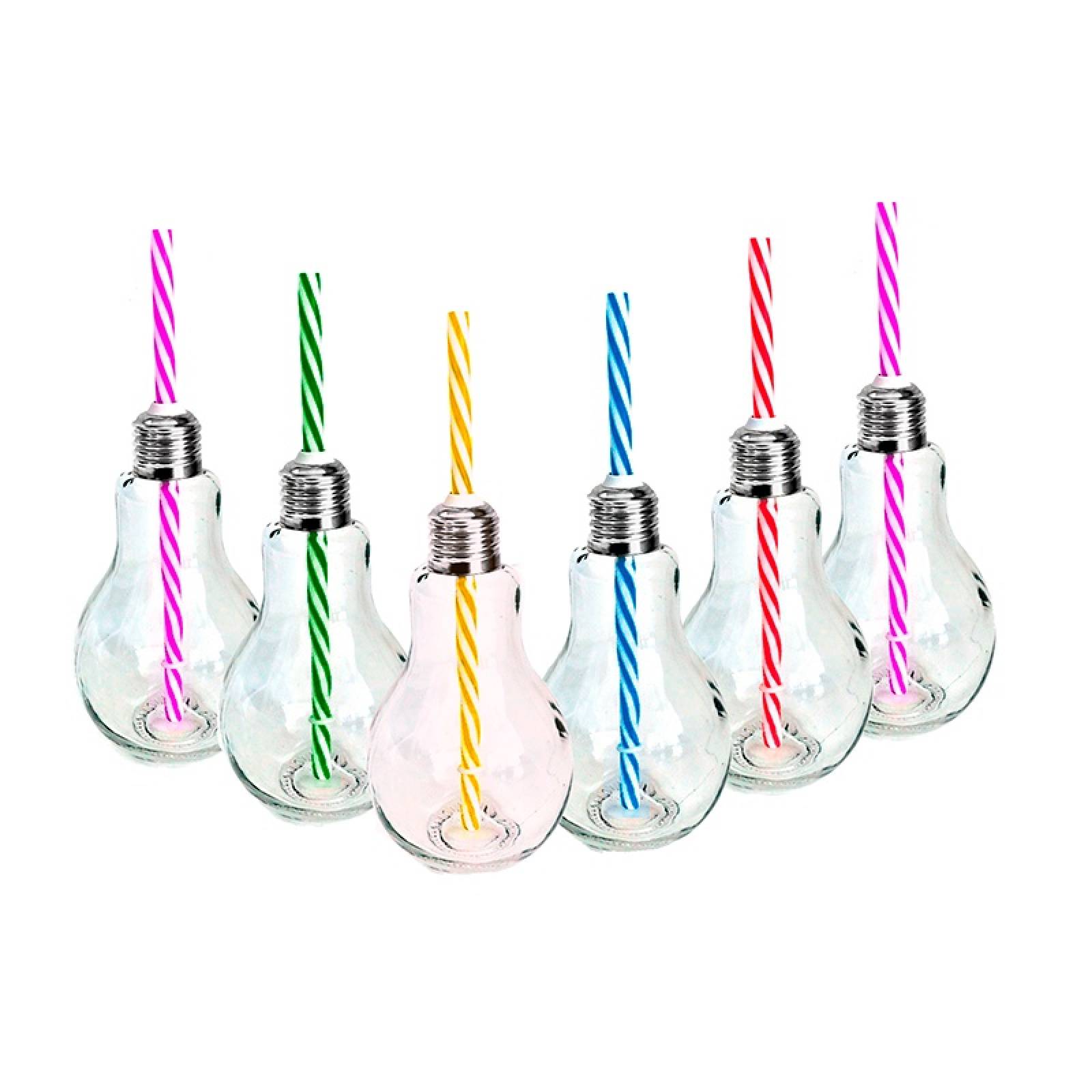 6pz Frasco Foco Con Tapa Y Popote De Vidrio Transparente 16oz